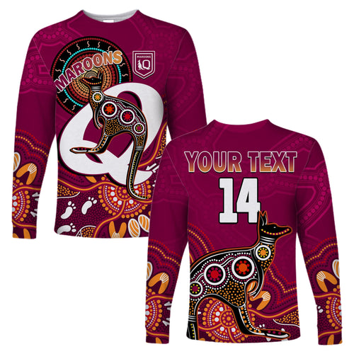 custom-text-and-number-maroons-rugby-long-sleeve-shirt-queensland-kangaroo-aboriginal-dot-paintings
