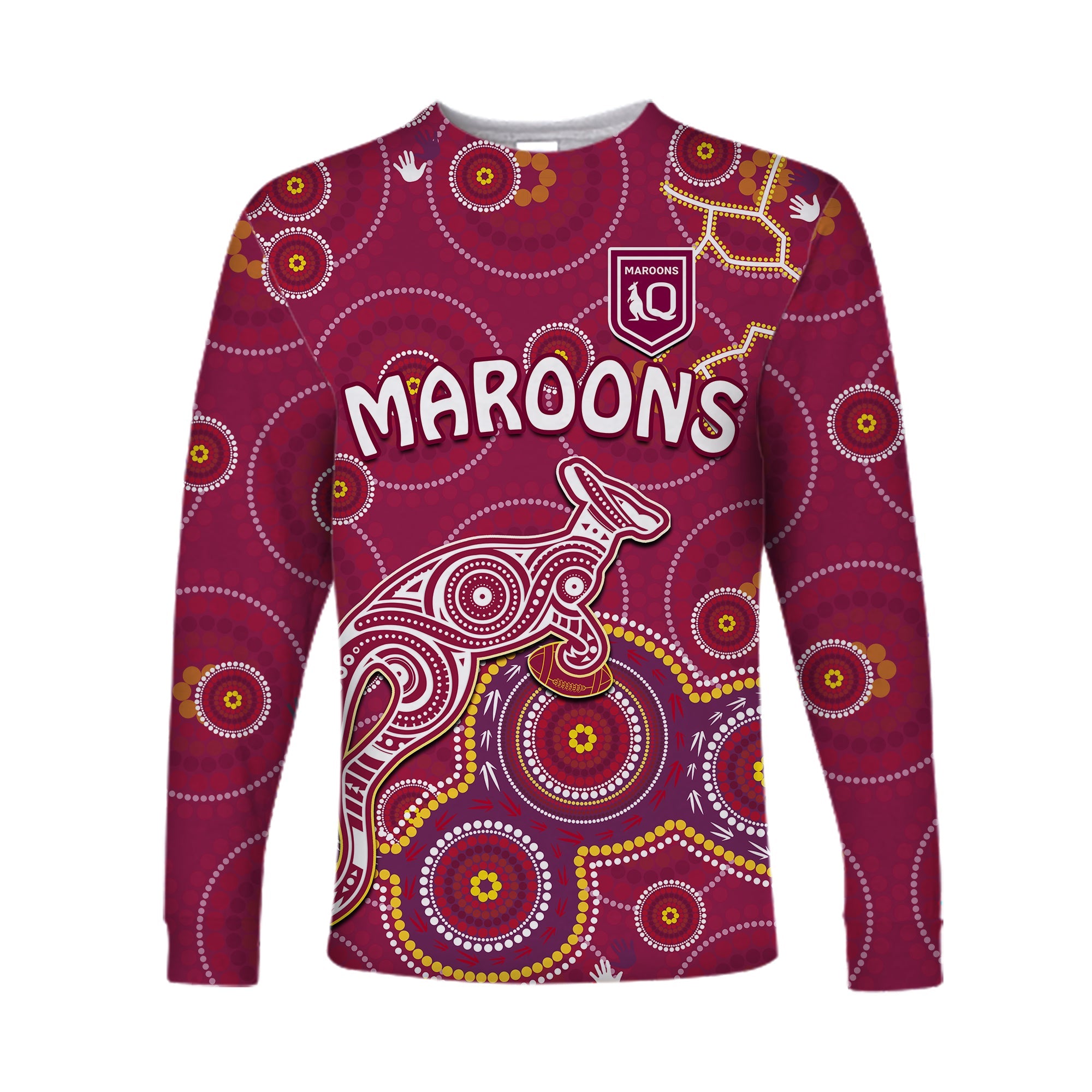 custom-text-and-number-maroons-rugby-long-sleeve-shirt-kangaroo-indigenous-pattern-unique-version