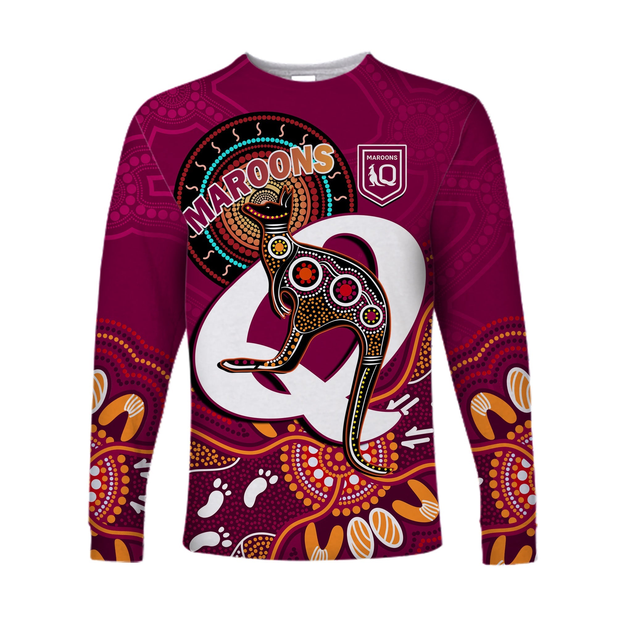 custom-text-and-number-maroons-rugby-long-sleeve-shirt-queensland-kangaroo-aboriginal-dot-paintings