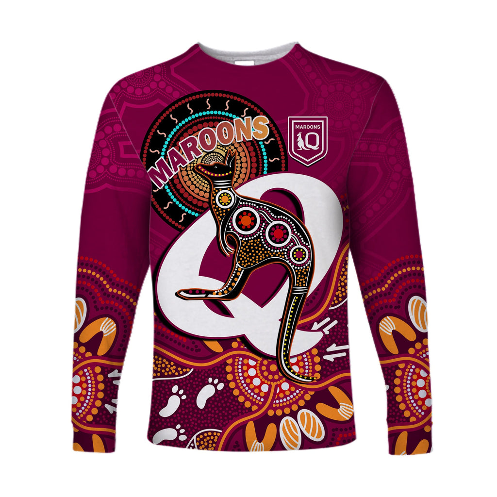 custom-text-and-number-maroons-rugby-long-sleeve-shirt-queensland-kangaroo-aboriginal-dot-paintings