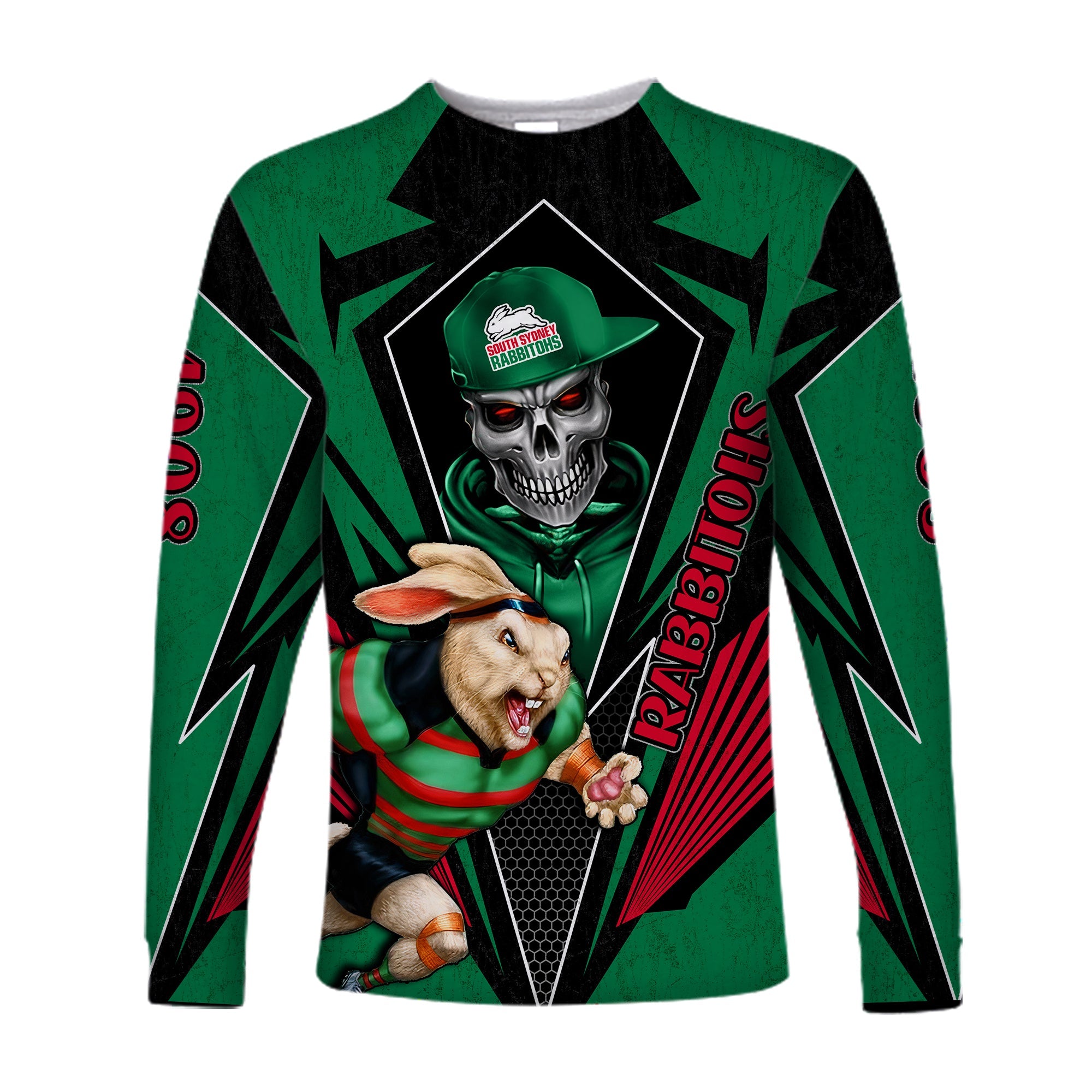 custom-personalised-rabbitohs-rugby-long-sleeve-shirt-mascot-south-sydney-since-1908-cool-skull