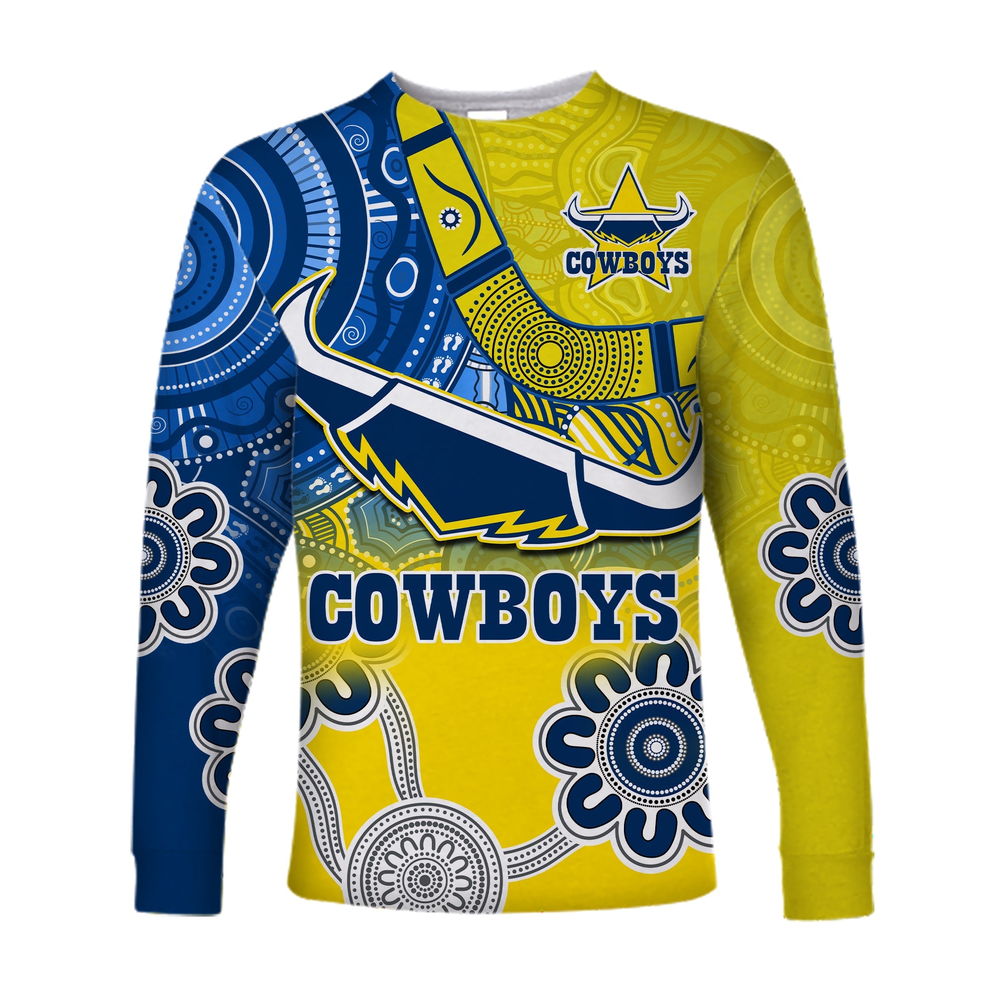 custom-text-and-number-cowboys-rugby-long-sleeve-shirt-aboriginal-boomerang-go-premiers-north-queensland