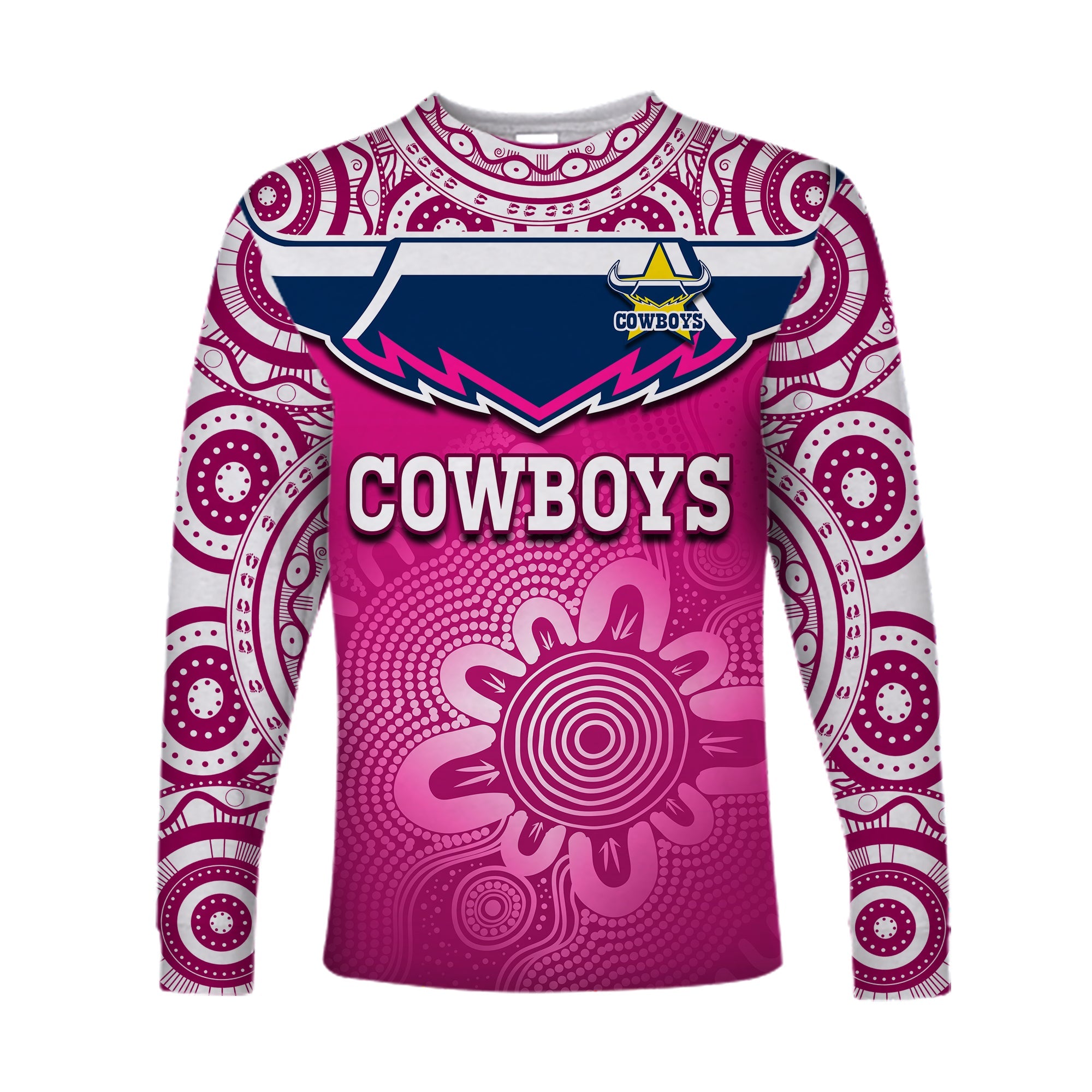 custom-text-and-number-cowboys-rugby-long-sleeve-shirt-aboriginal-pattern-pink-version