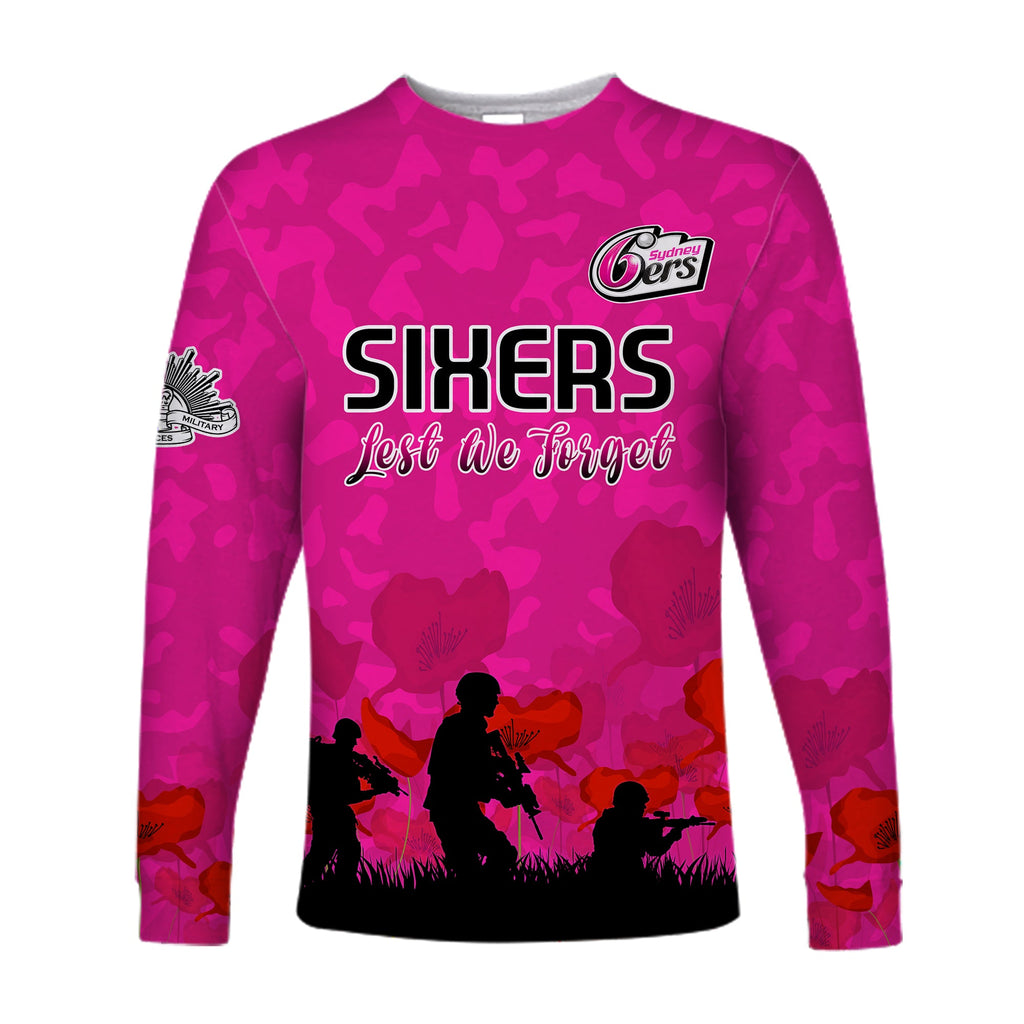 custom-text-and-number-sydney-sixers-cricket-long-sleeve-shirt-anzac-day-camouflage-poppy-lest-we-forget