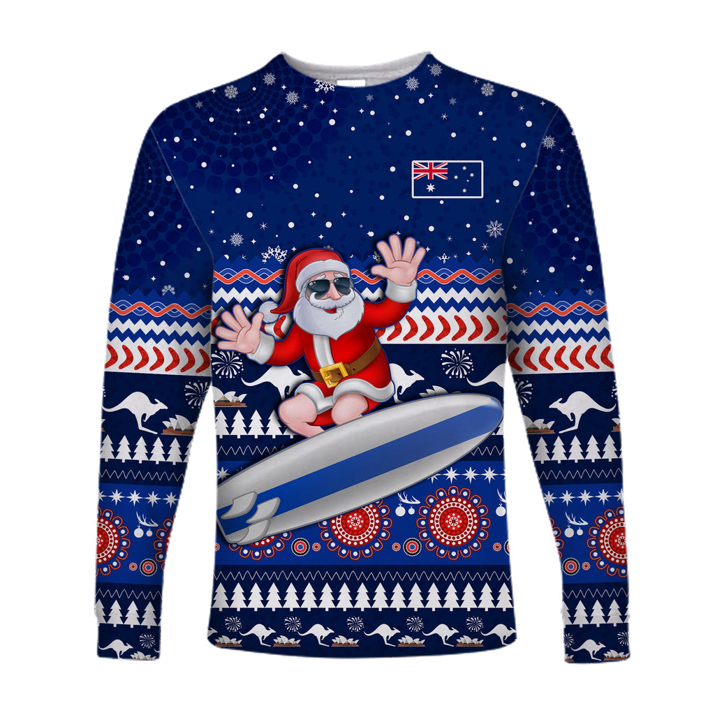 custom-text-and-number-australia-christmas-long-sleeve-shirt-aussie-aboriginal-santa-claus-is-surfing-with-kangaroo