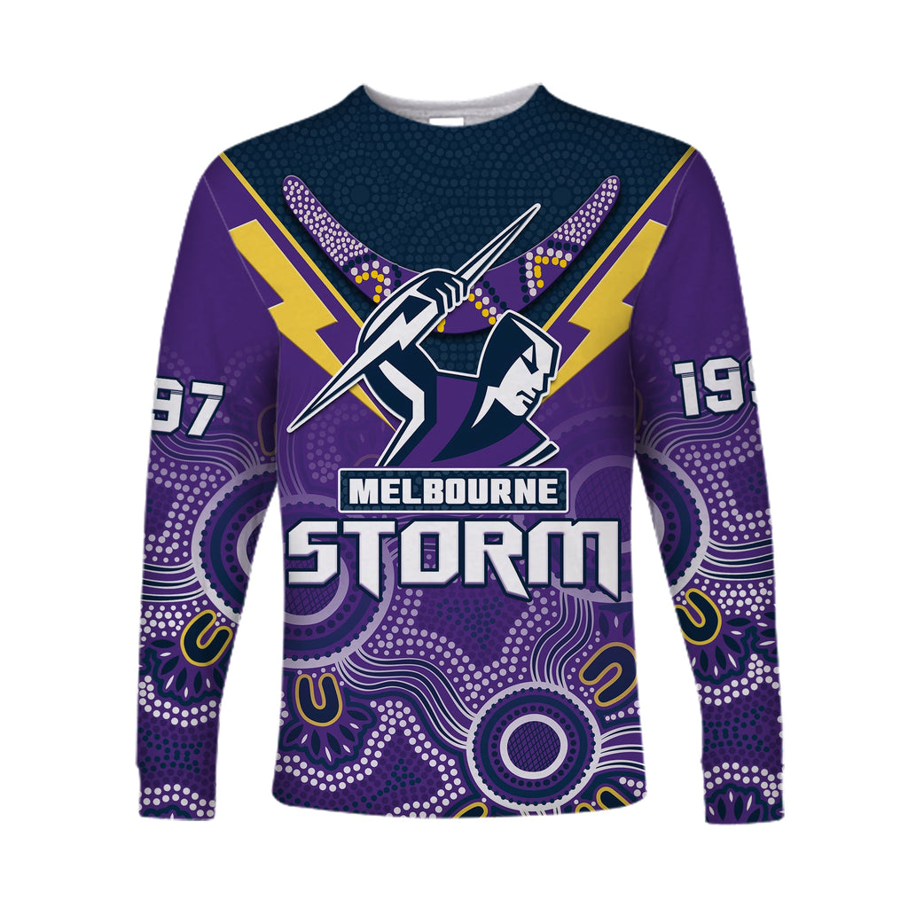 custom-text-and-number-melbourne-storm-rugby-long-sleeve-shirt-indigenous-boomerang-gradient-style