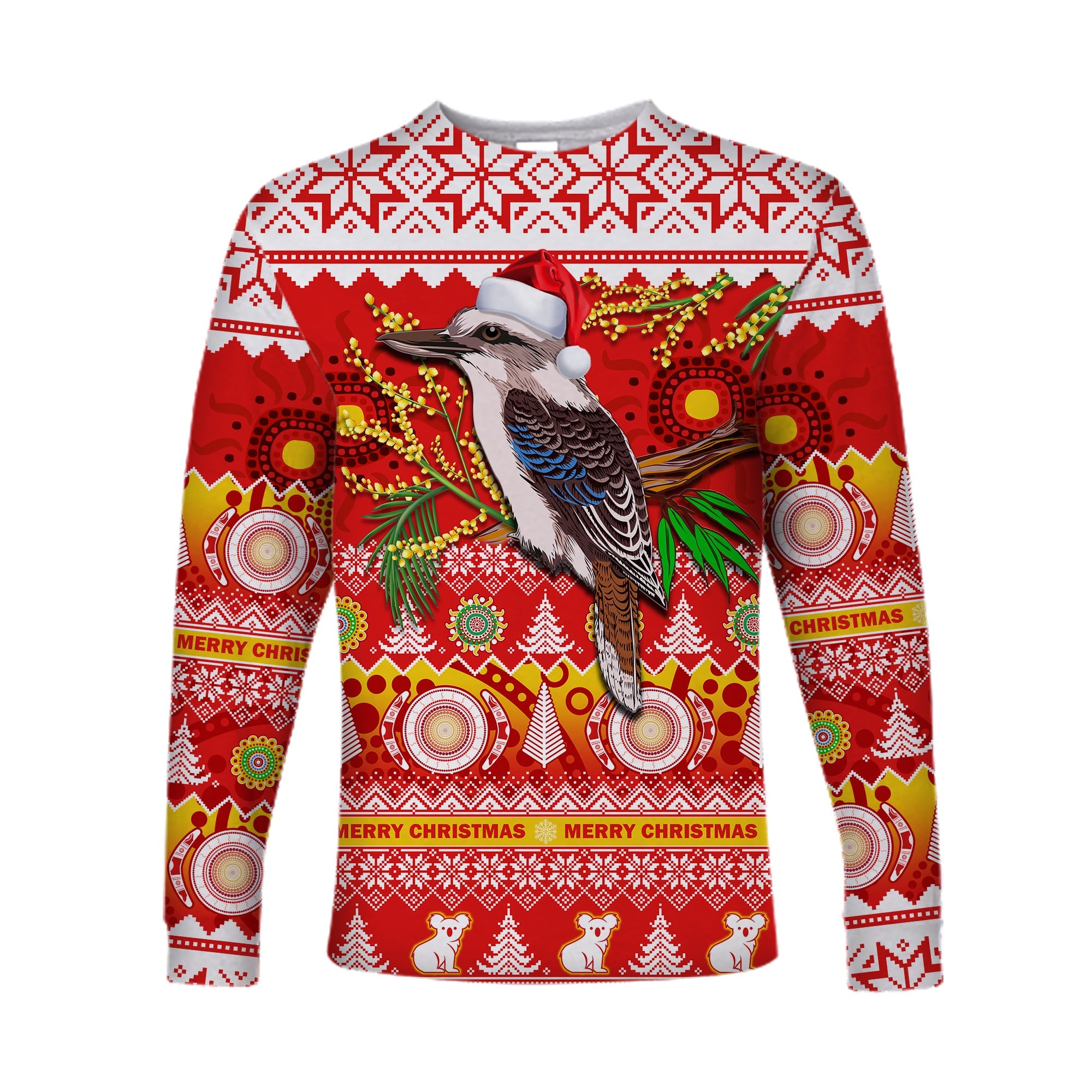 australia-long-sleeve-shirt-kookaburra-mix-golden-wattle-aboriginal-art-merry-christmas