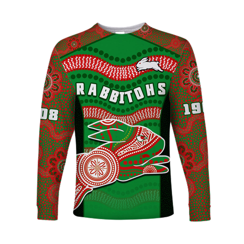 custom-text-and-number-rabbitohs-rugby-long-sleeve-shirt-souths-1908-aboriginal-dot-painting-go-bunnies