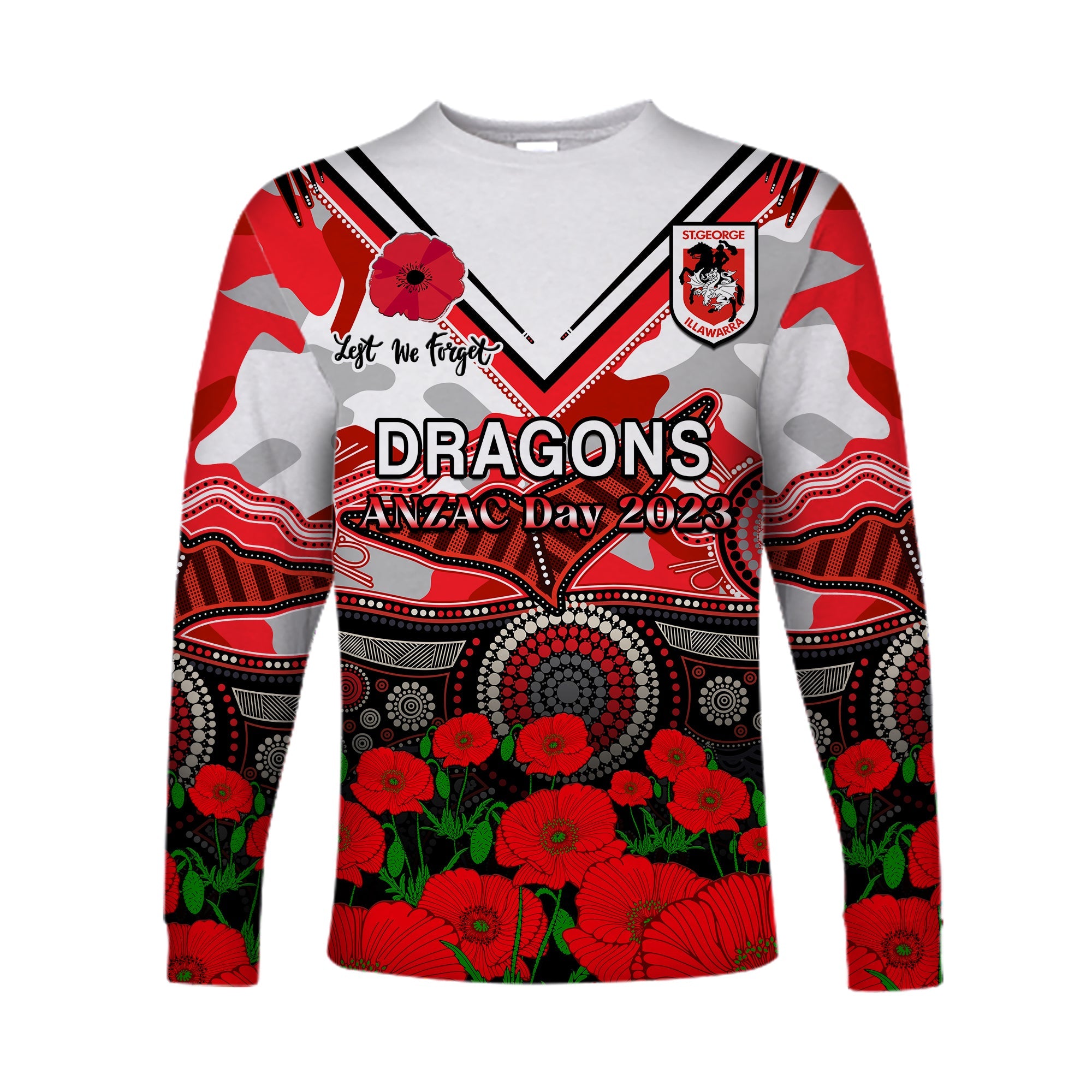 custom-text-and-number-dragons-rugby-anzac-2023-long-sleeve-shirt-aboriginal-mix-poppy-lest-we-forget