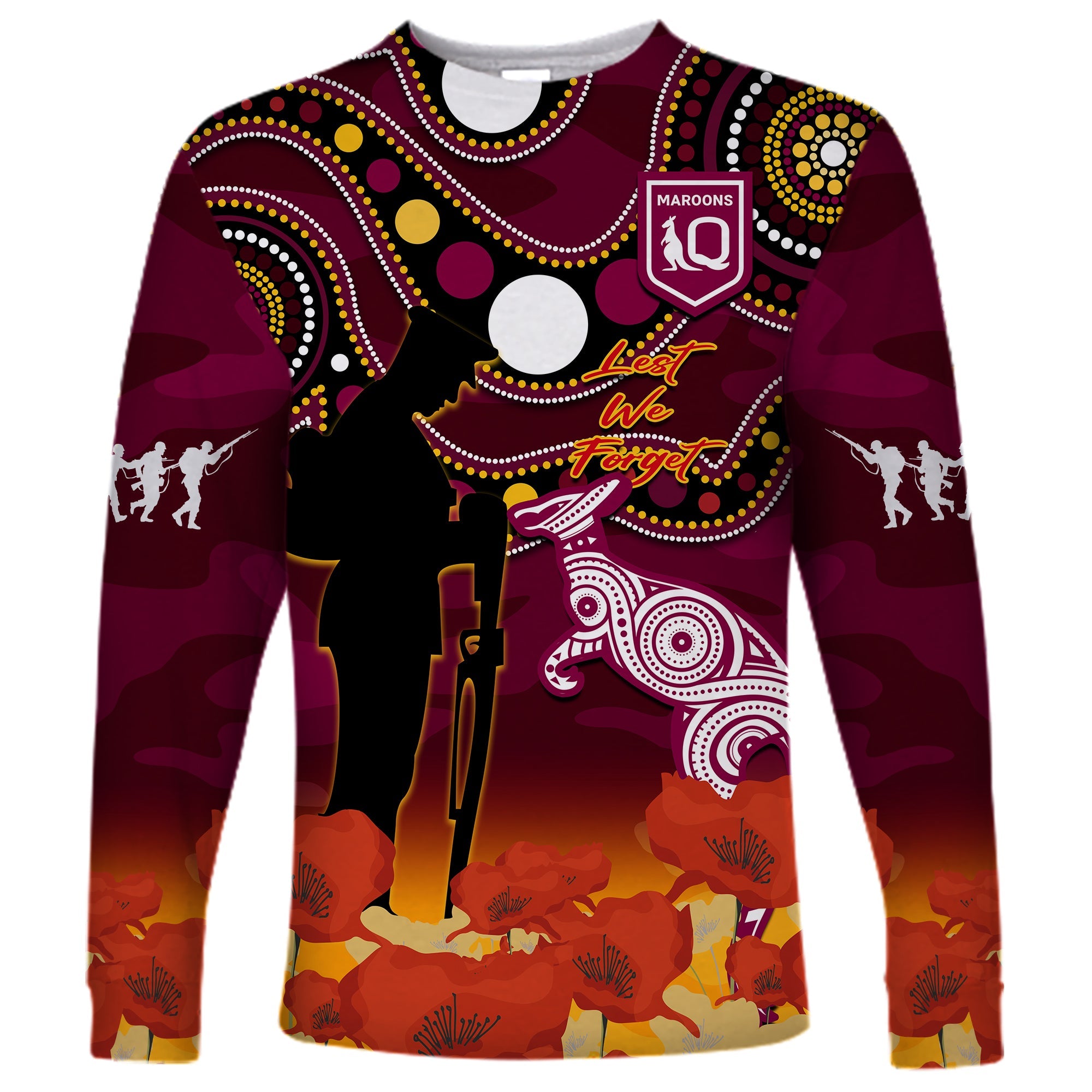 custom-text-and-number-maroons-rugby-anzac-2023-long-sleeve-shirt-qld-aboriginal-mix-poppy-camouflage