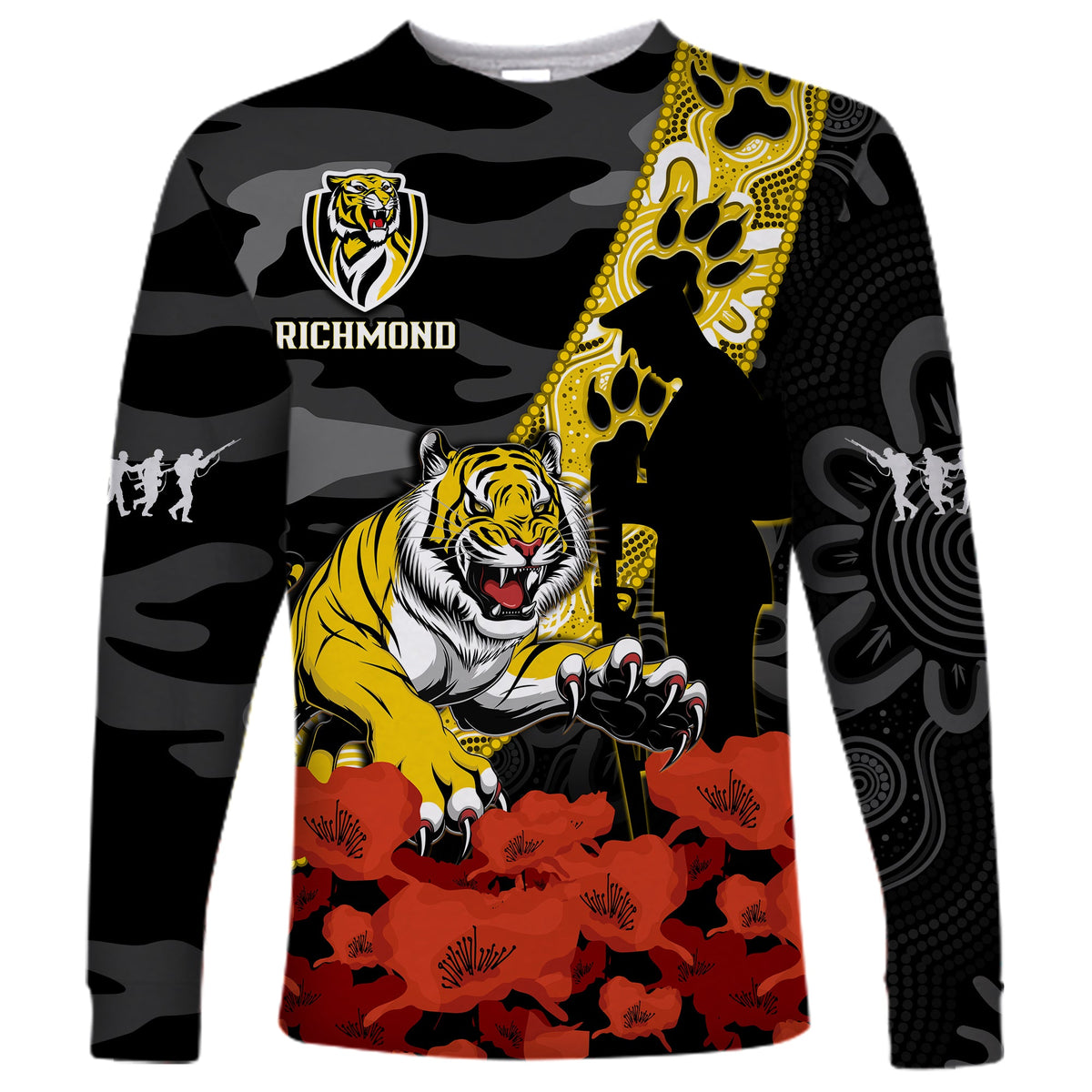custom-text-and-number-richmond-football-anzac-2023-long-sleeve-shirt-tigers-aboriginal-mix-poppy-camouflage