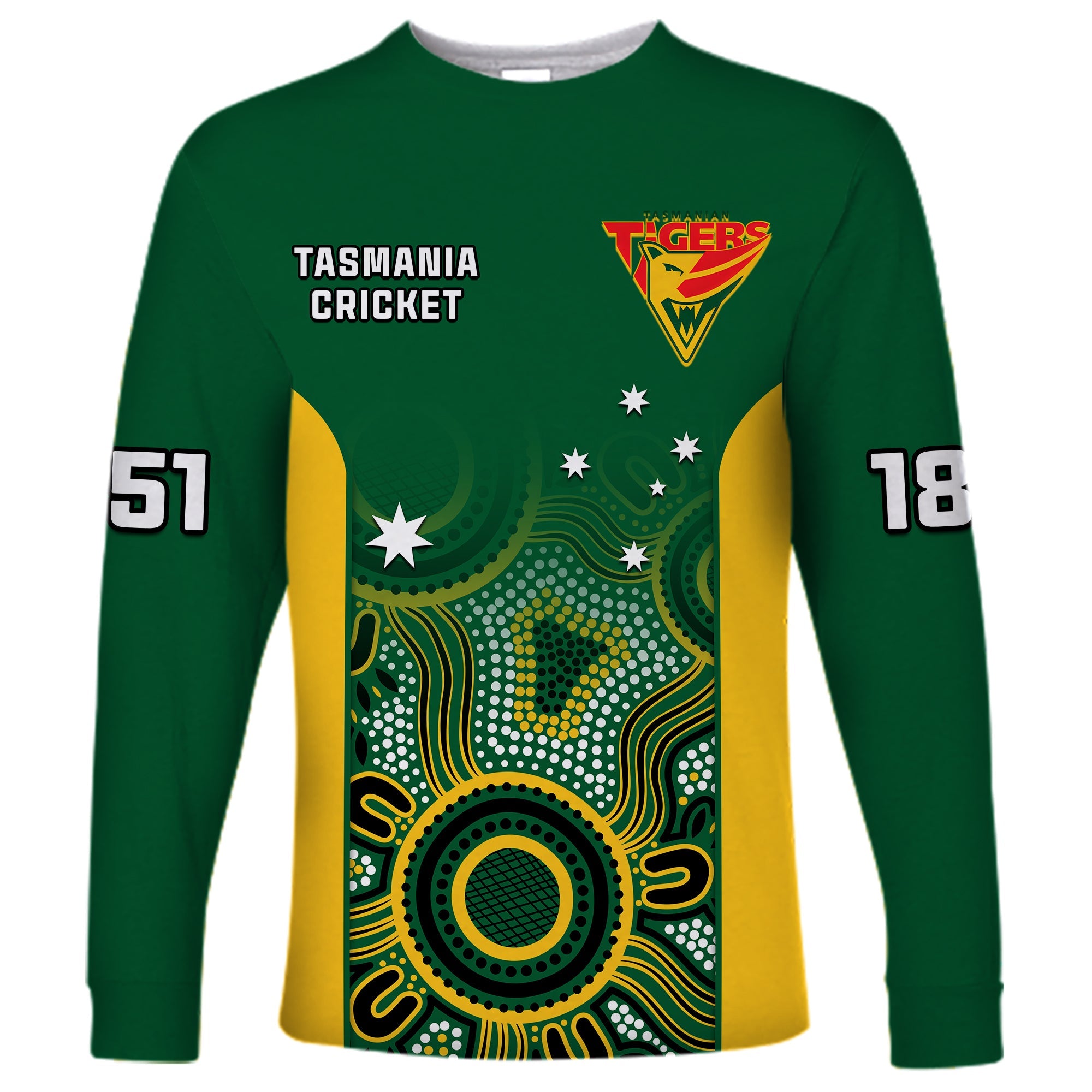 custom-text-and-number-tasmania-cricket-2023-long-sleeve-shirt-tigers-sheffield-shield-indigenous
