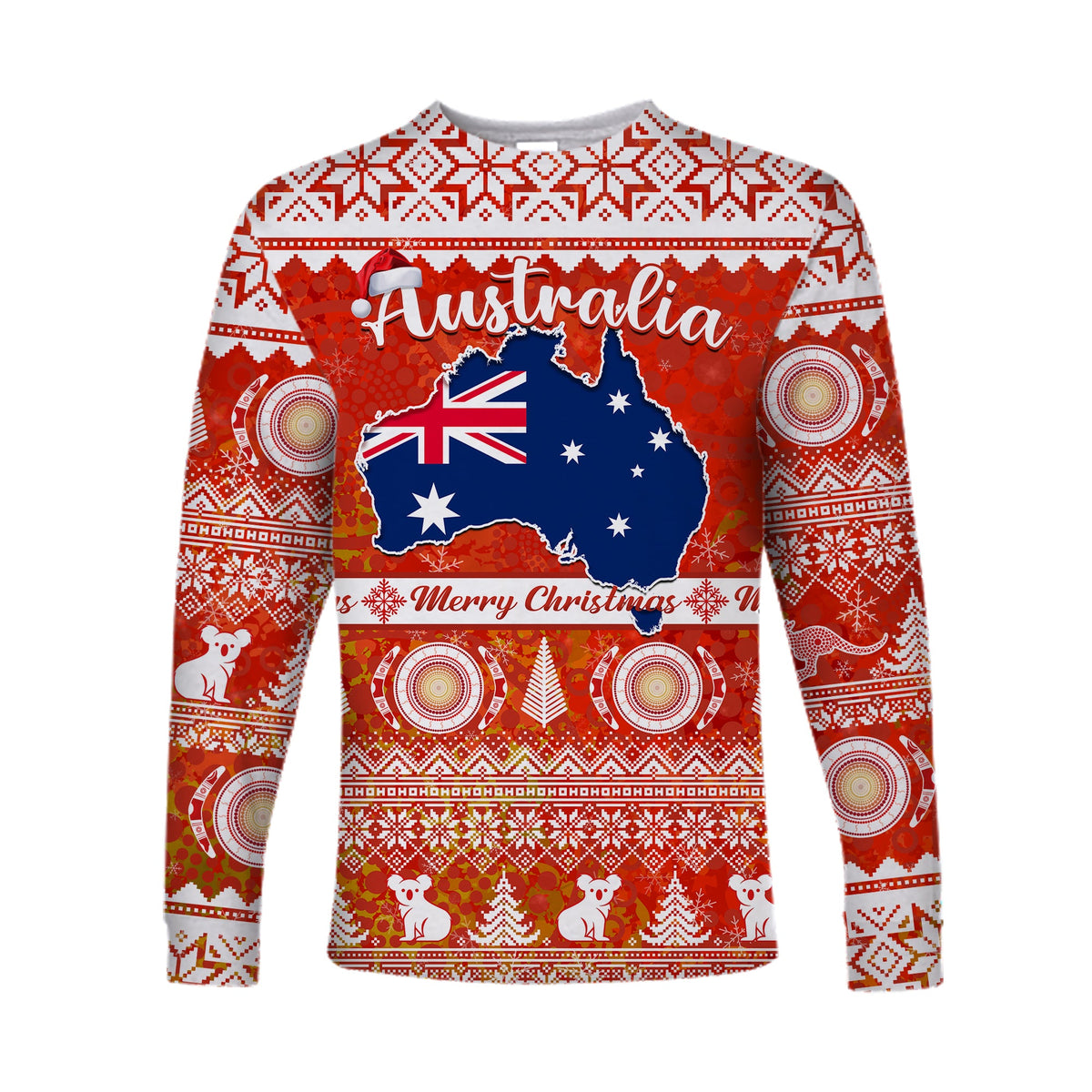 custom-personalised-australia-long-sleeve-shirt-australian-map-aboriginal-painting-merry-christmas