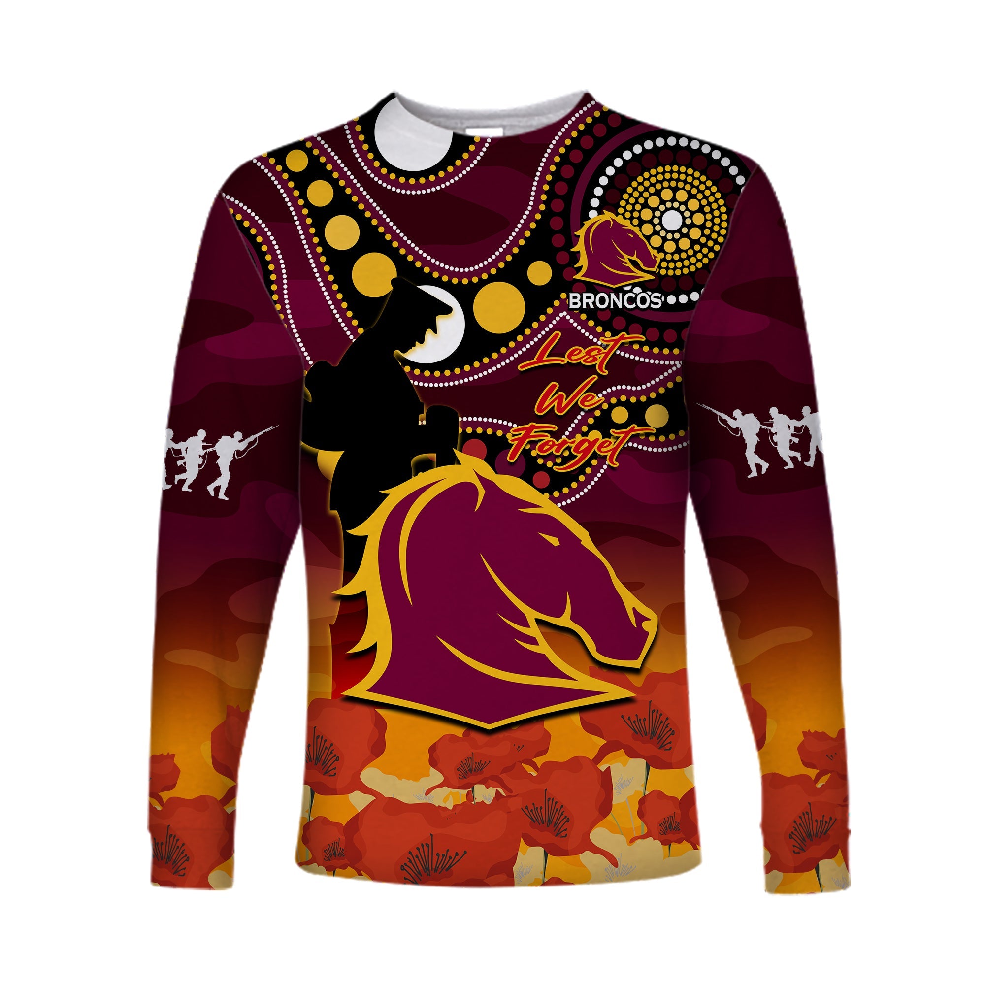 custom-text-and-number-brisbane-broncos-rugby-anzac-2023-long-sleeve-shirt-aboriginal-mix-poppy-lest-we-forget