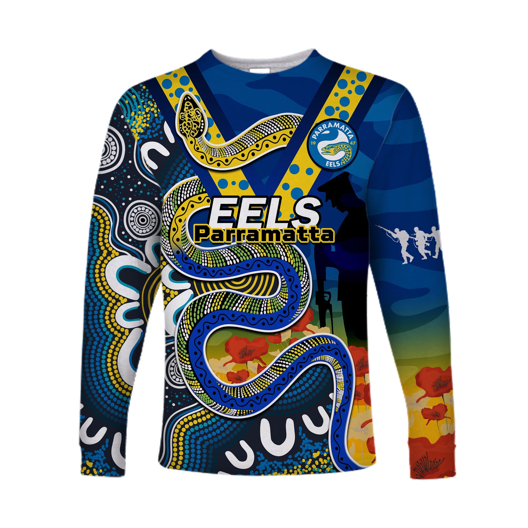 custom-text-and-number-eels-rugby-anzac-2023-long-sleeve-shirt-aboriginal-mix-poppy-lest-we-forget