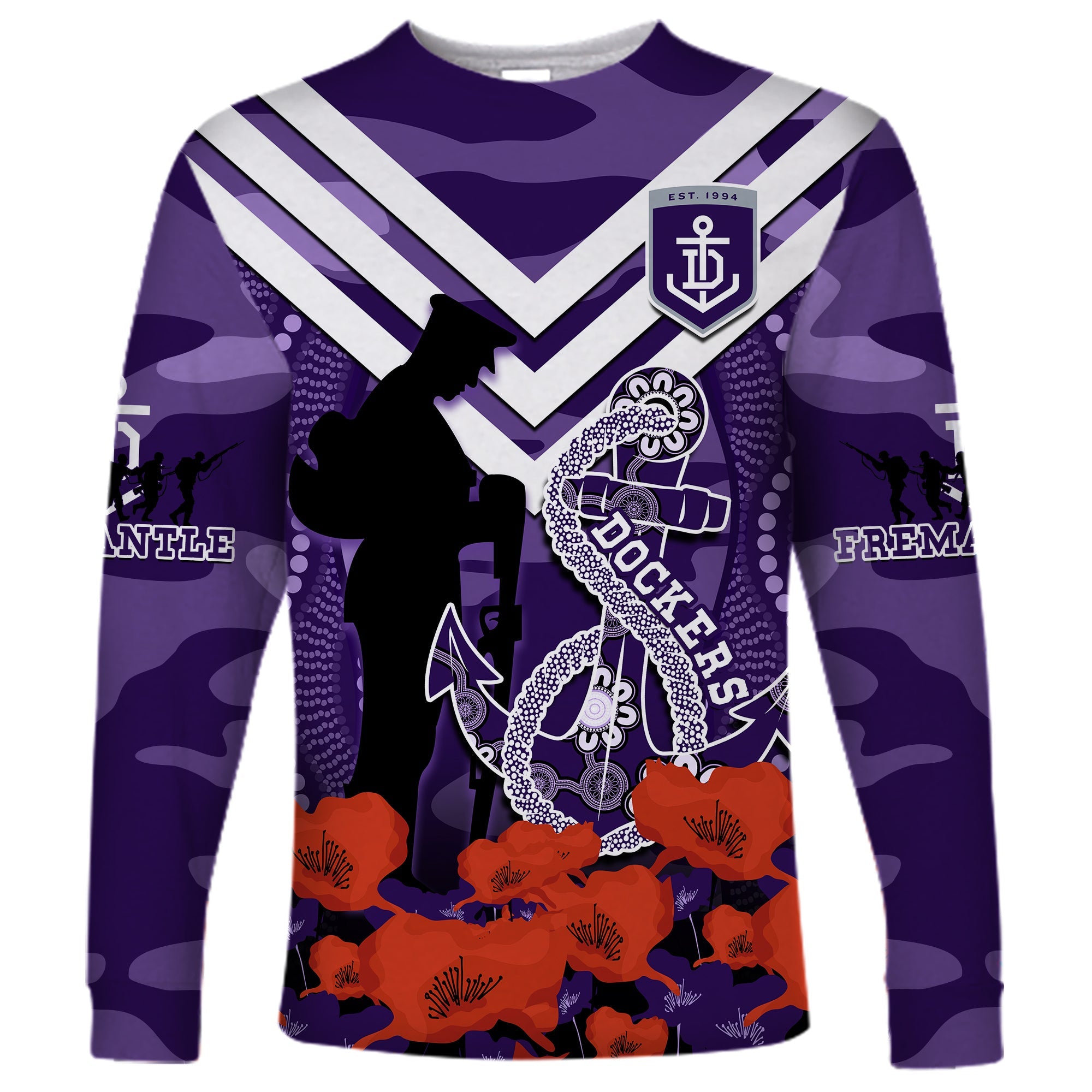 custom-text-and-number-dockers-football-anzac-2023-long-sleeve-shirt-aboriginal-mix-poppy-camouflage
