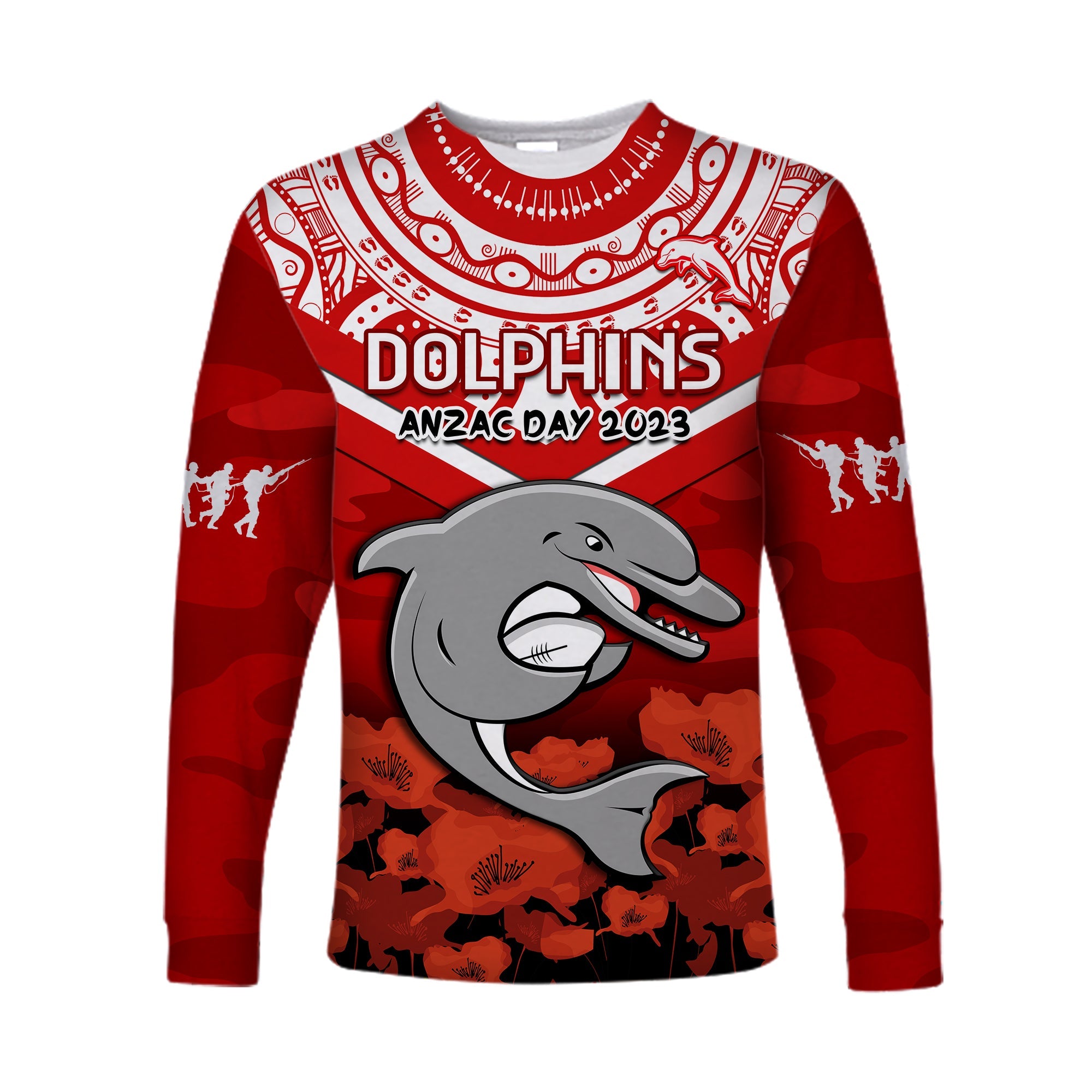 custom-text-and-number-dolphins-rugby-anzac-2023-long-sleeve-shirt-dots-poppy-mix-camouflage-lest-we-forget