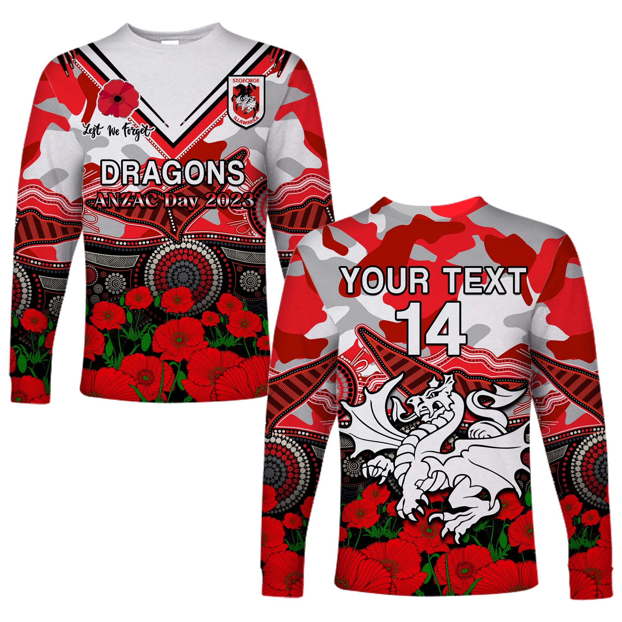 custom-text-and-number-dragons-rugby-anzac-2023-long-sleeve-shirt-aboriginal-mix-poppy-lest-we-forget