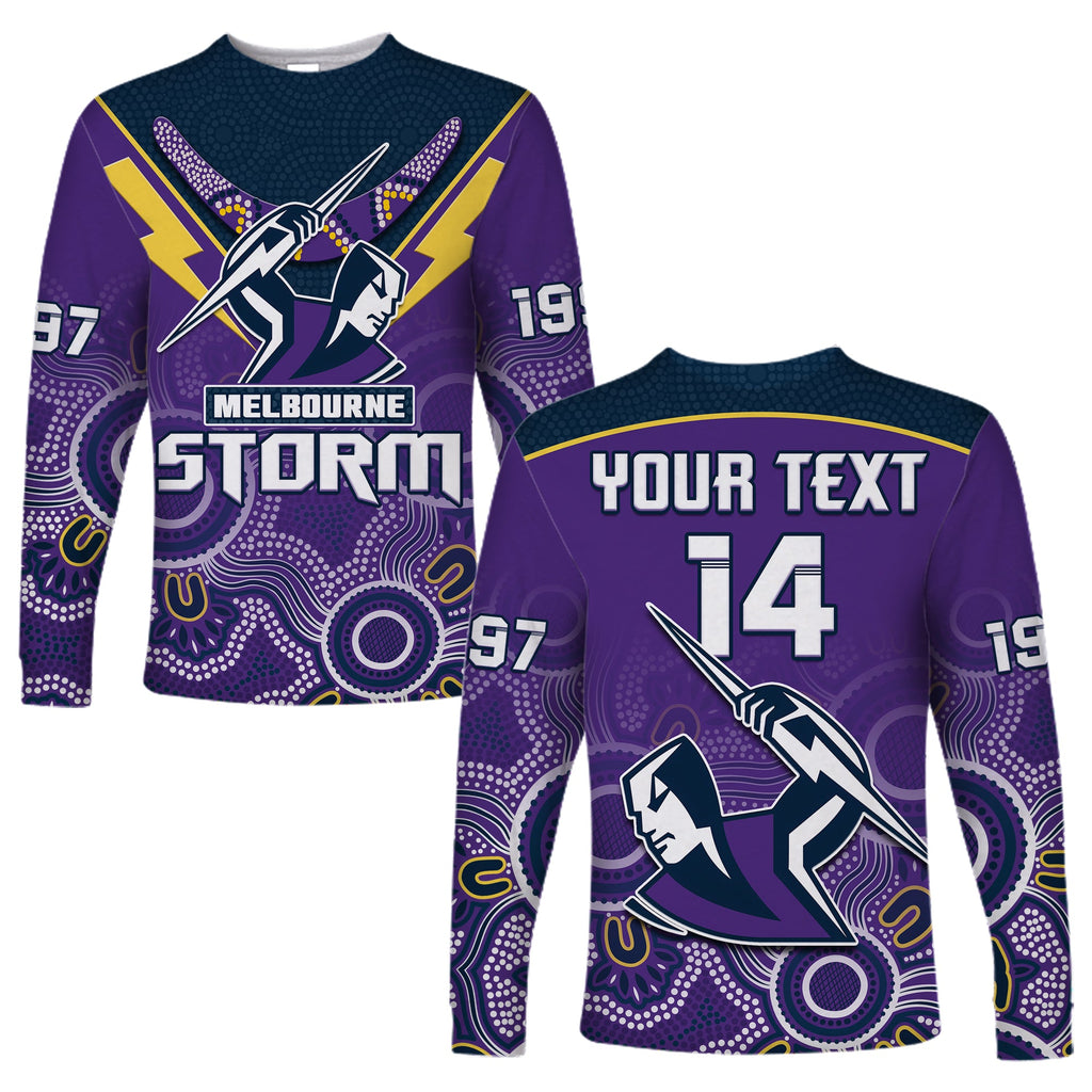 custom-text-and-number-melbourne-storm-rugby-long-sleeve-shirt-indigenous-boomerang-gradient-style