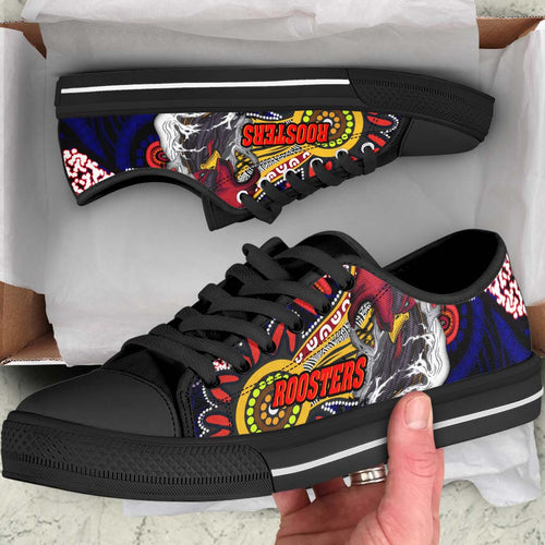 rooster-rugby-low-top-shoes-angry-rooster-rugby-with-aboriginal-indigenous-dot-painting-style