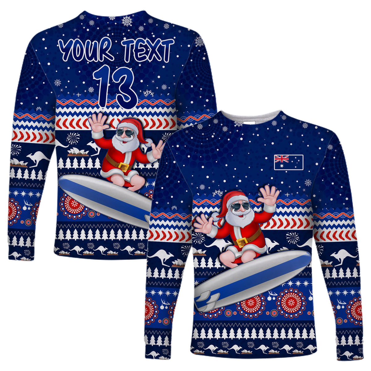 custom-text-and-number-australia-christmas-long-sleeve-shirt-aussie-aboriginal-santa-claus-is-surfing-with-kangaroo
