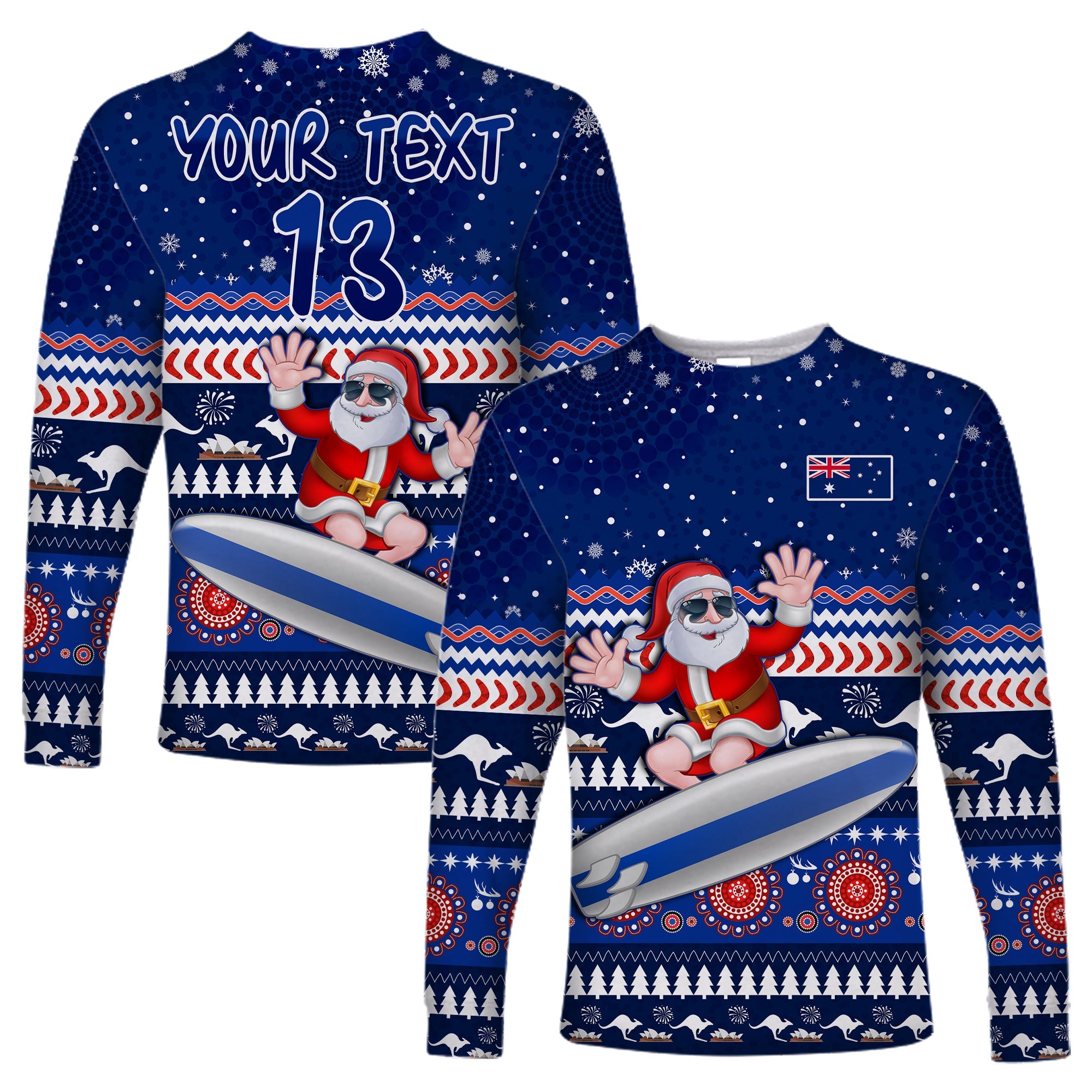 custom-text-and-number-australia-christmas-long-sleeve-shirt-aussie-aboriginal-santa-claus-is-surfing-with-kangaroo