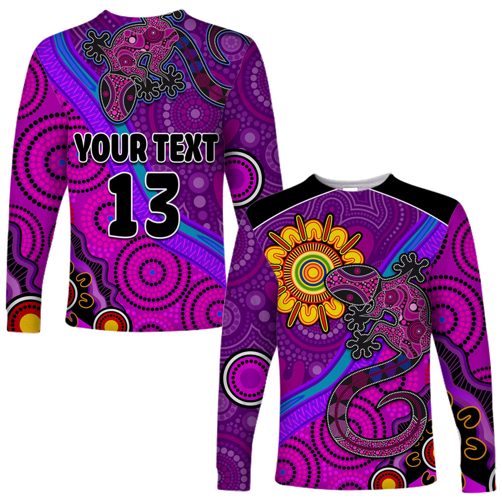 custom-text-and-number-australia-lizard-and-sun-long-sleeve-shirt-aboriginal-art-purple