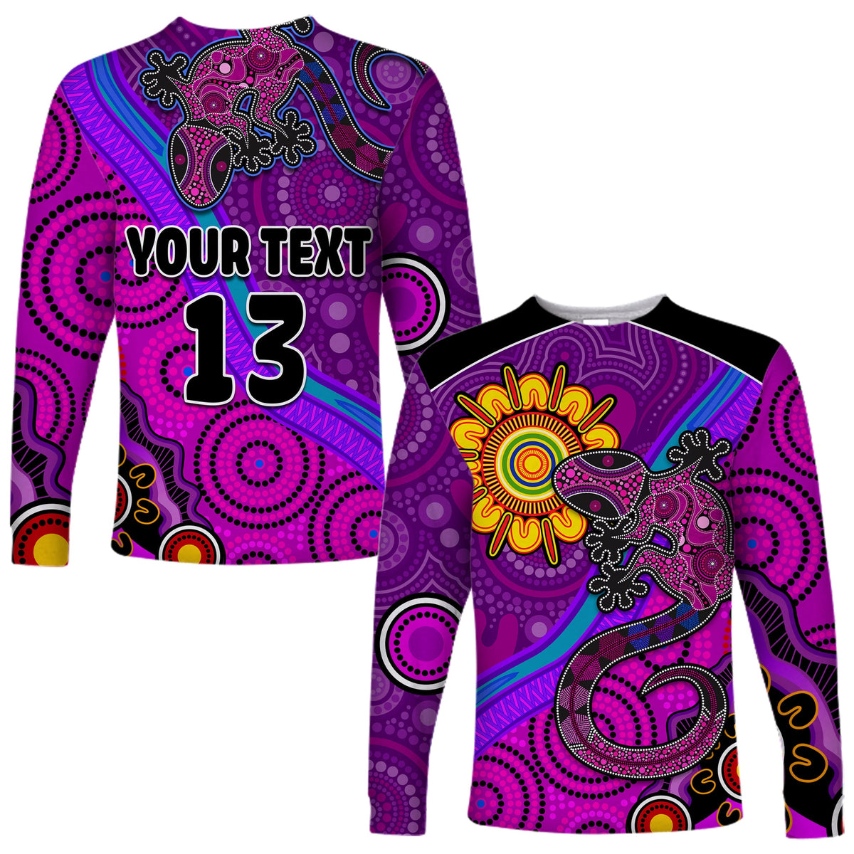 custom-text-and-number-australia-lizard-and-sun-long-sleeve-shirt-aboriginal-art-purple