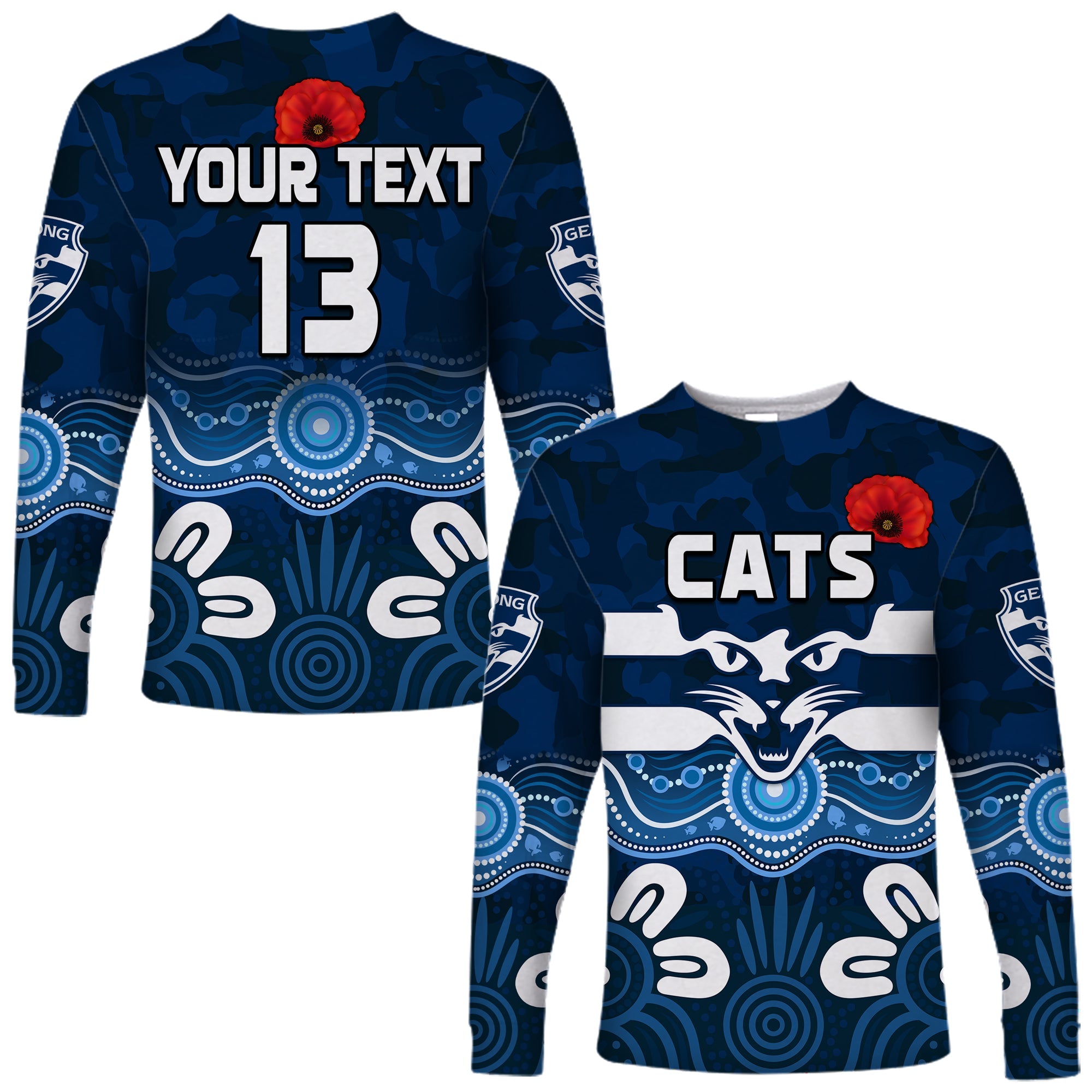 custom-text-and-number-cats-anzac-2022-long-sleeve-shirt-geelong-football-aboriginal-poppy