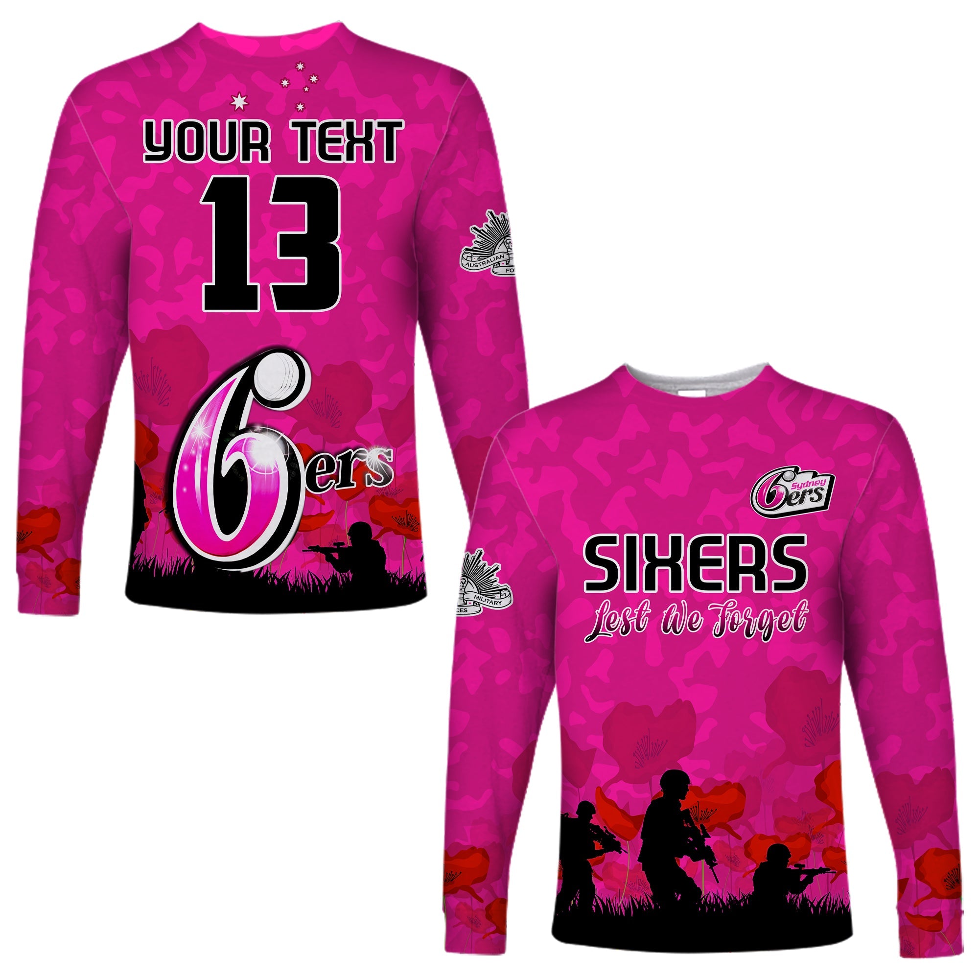 custom-text-and-number-sydney-sixers-cricket-long-sleeve-shirt-anzac-day-camouflage-poppy-lest-we-forget