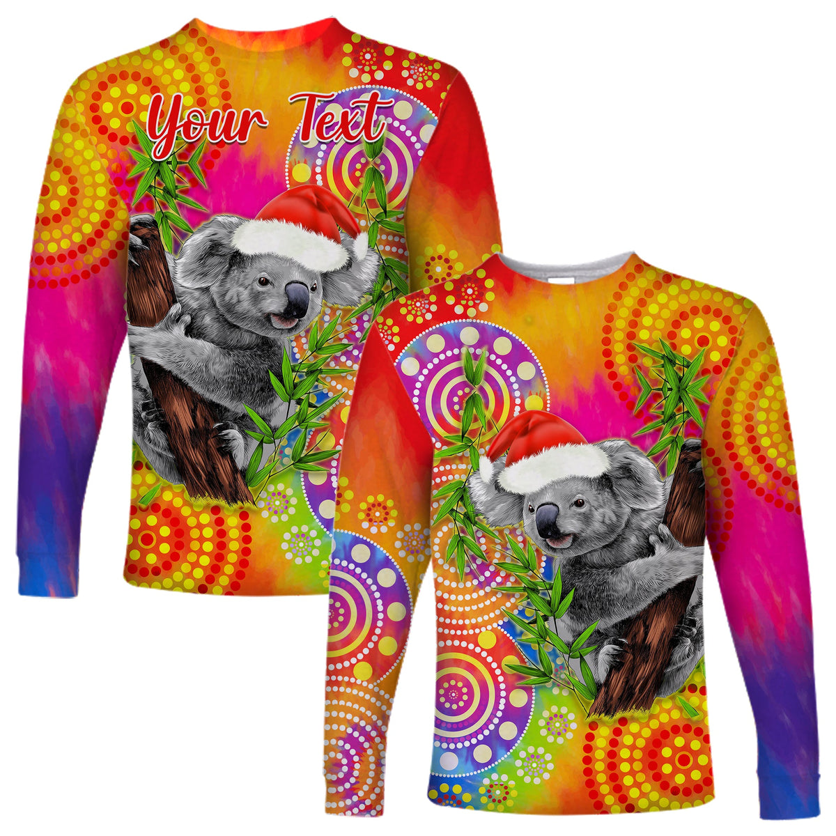 custom-personalised-australia-koala-aboriginal-long-sleeve-shirt-rainbow-tie-dye-merry-christmas