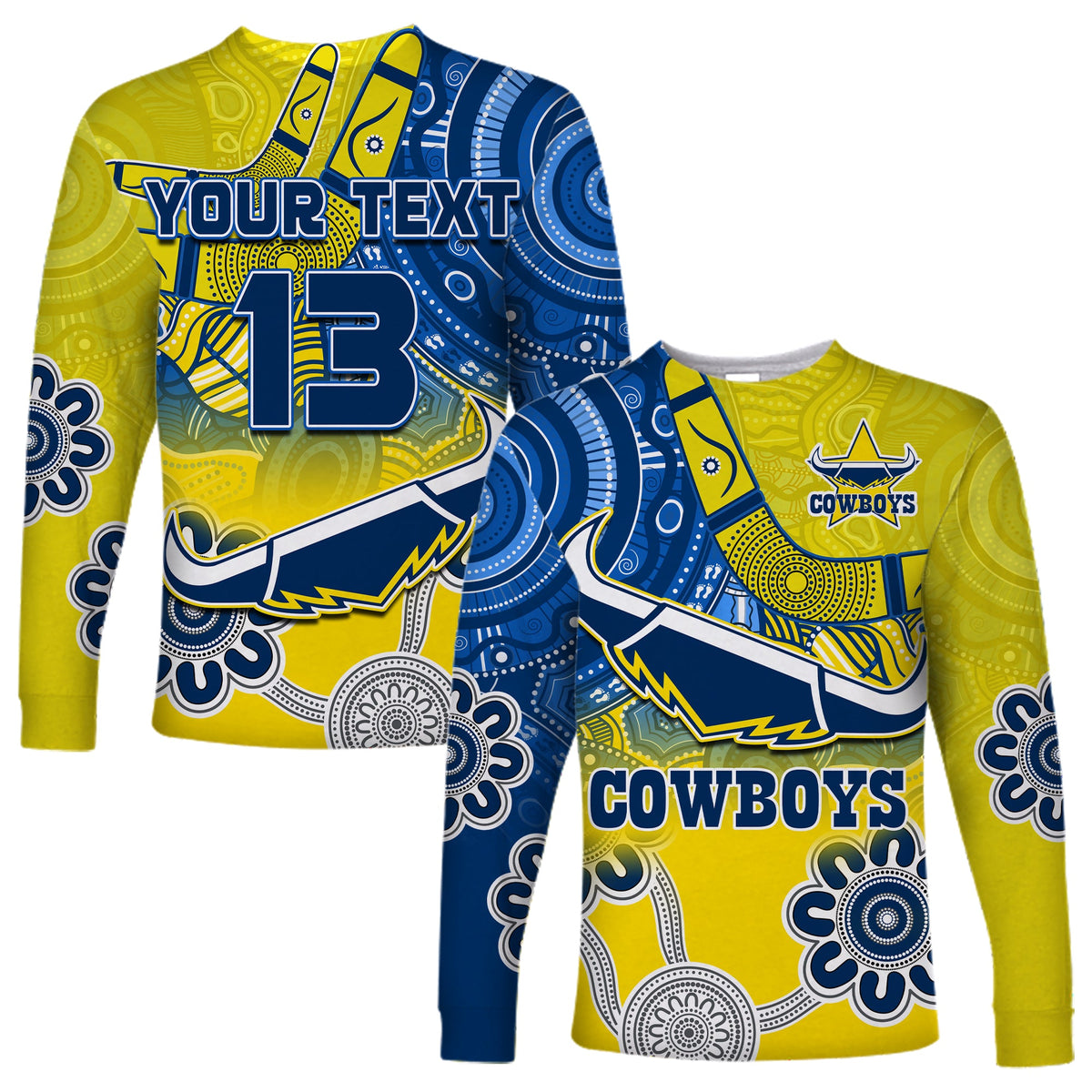 custom-text-and-number-cowboys-rugby-long-sleeve-shirt-aboriginal-boomerang-go-premiers-north-queensland