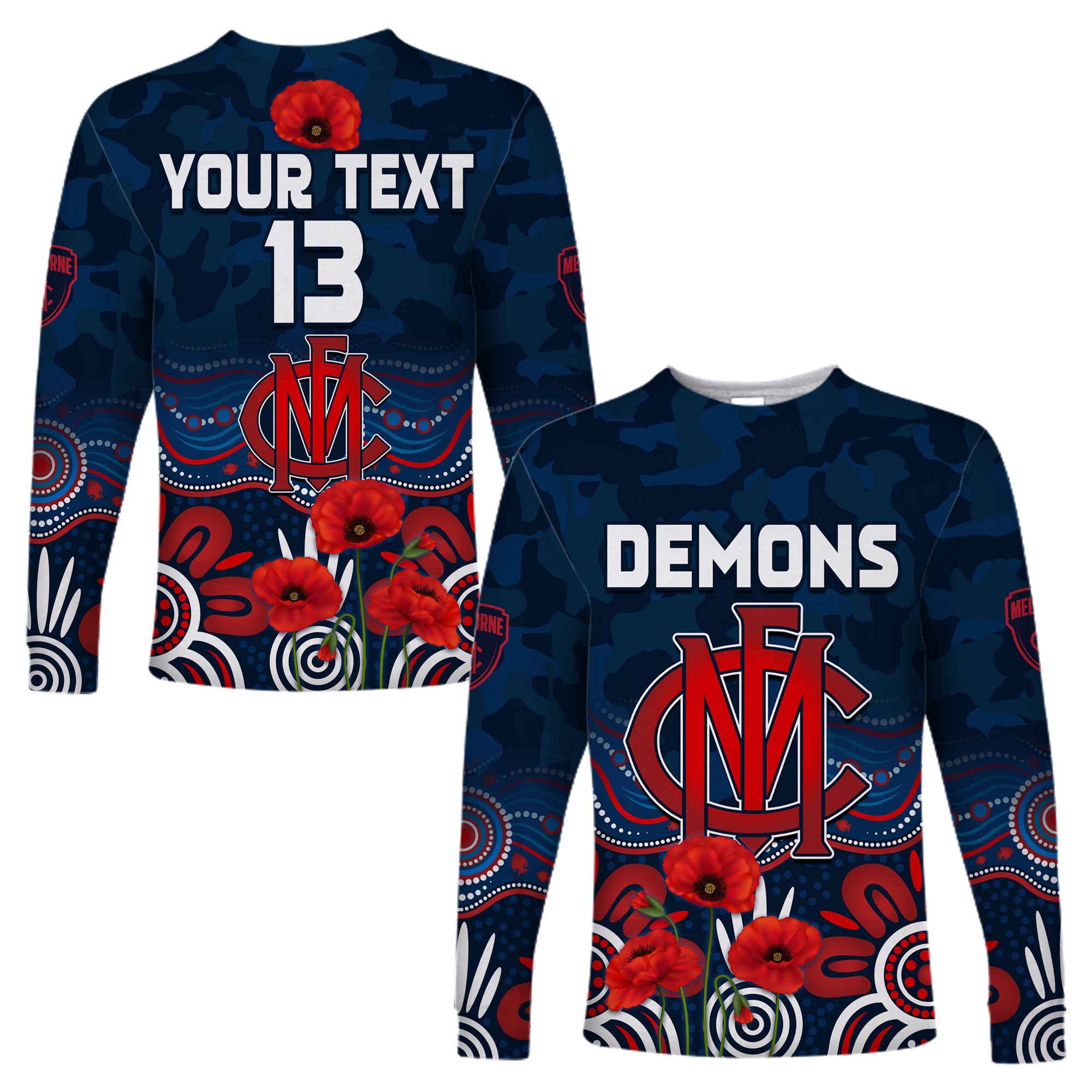 custom-text-and-number-demons-anzac-2022-long-sleeve-shirt-melbourne-football-aboriginal-poppy