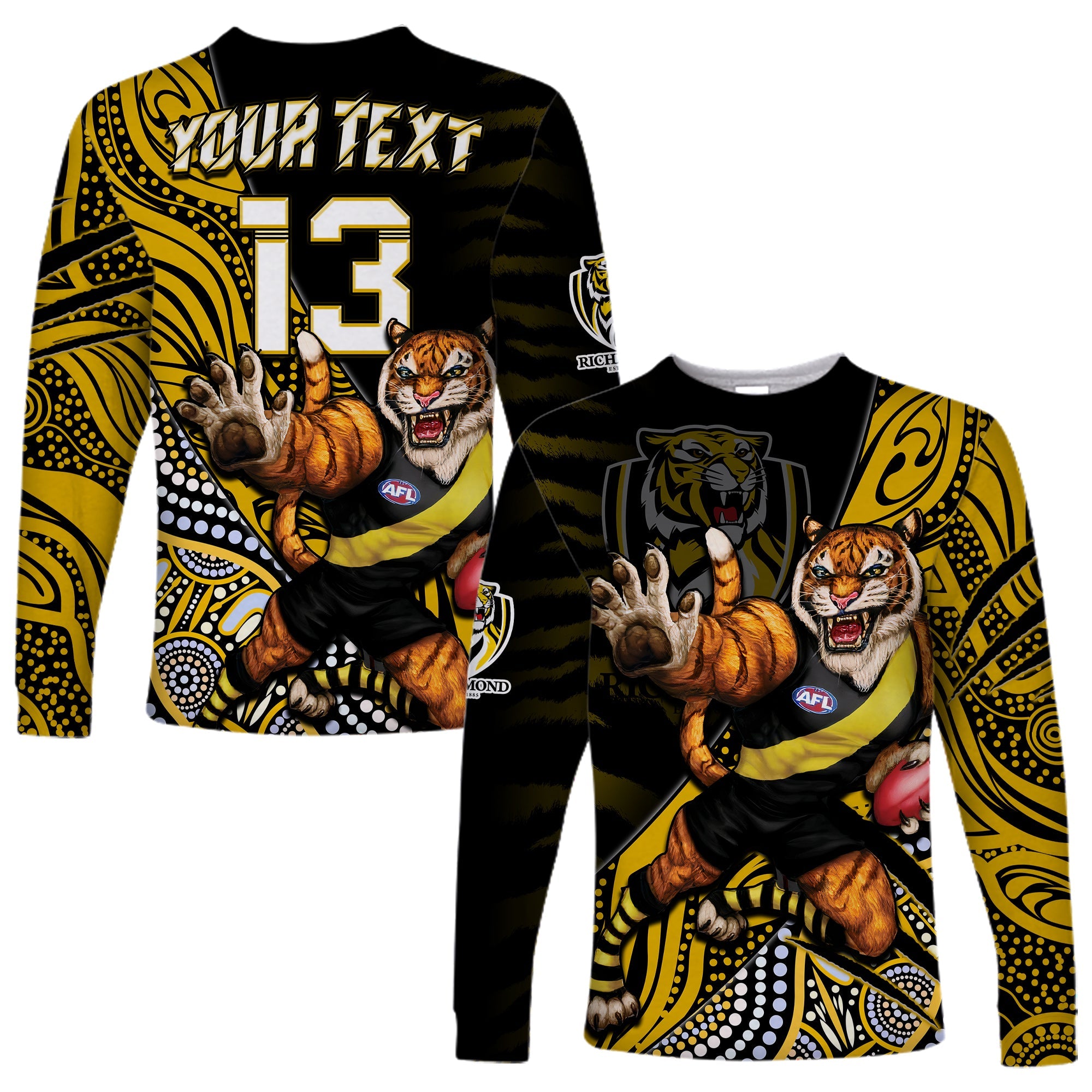 custom-text-and-number-richmond-football-long-sleeve-shirt-aboriginal-go-the-tigers-mascot