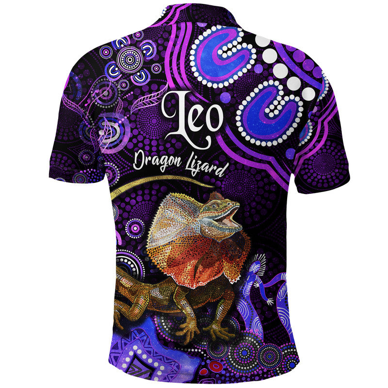 australian-astrology-polo-shirt-leo-dragon-lizard-zodiac-aboriginal-vibes-purple