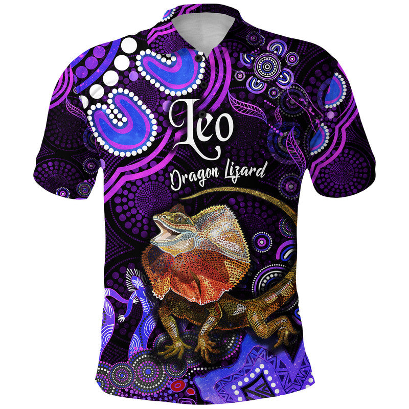 australian-astrology-polo-shirt-leo-dragon-lizard-zodiac-aboriginal-vibes-purple