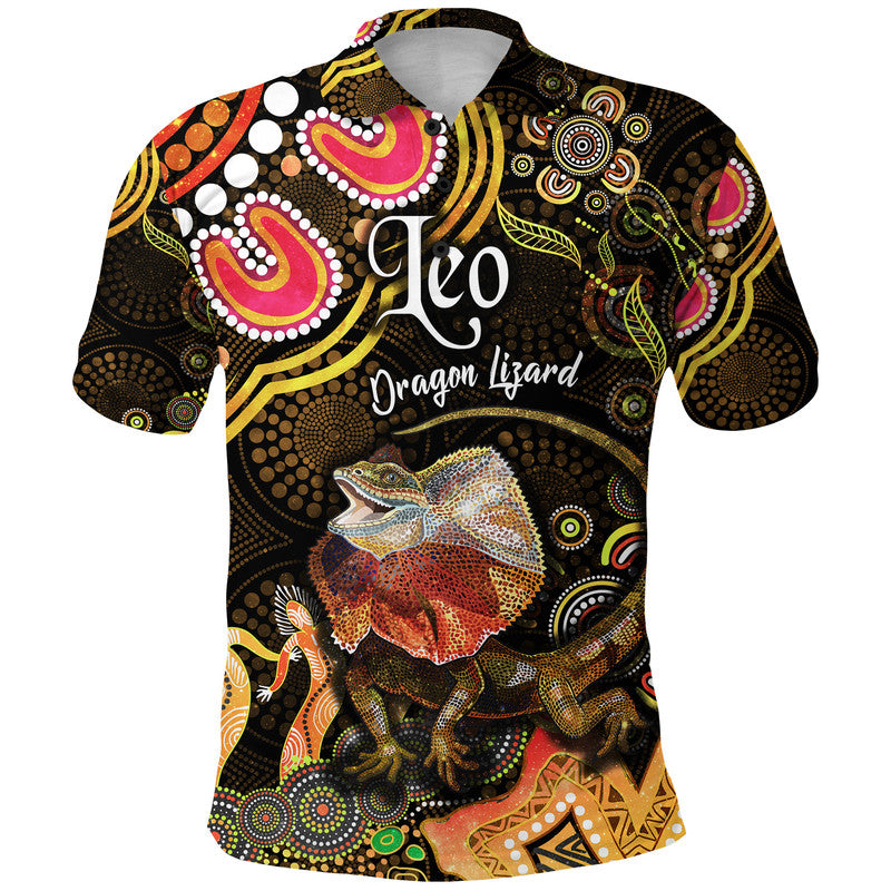 australian-astrology-polo-shirt-leo-dragon-lizard-zodiac-aboriginal-vibes-gold