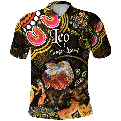 australian-astrology-polo-shirt-leo-dragon-lizard-zodiac-aboriginal-vibes-gold