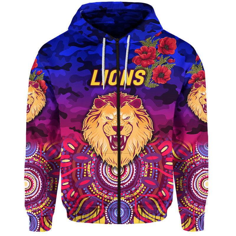(Custom Personalised) Brisbane Lions ANZAC Zip Up And Pullover Hoodie Indigenous Vibes LT8