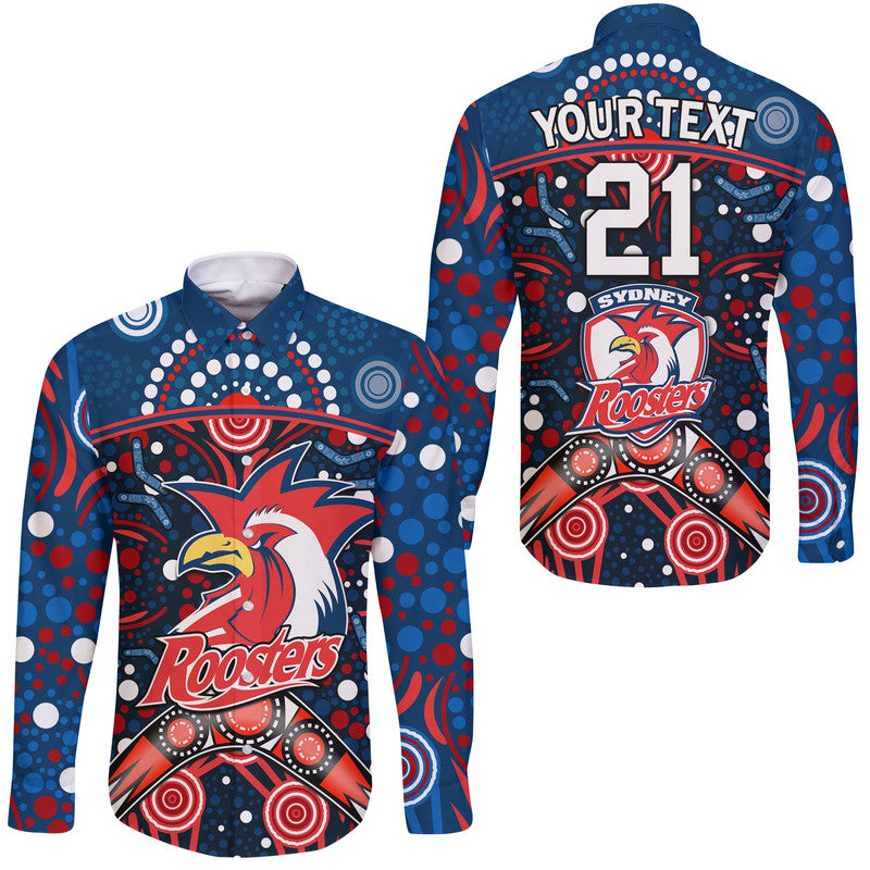 custom-personalised-roosters-rugby-hawaii-long-sleeve-button-shirt-boomerang-indigenous-dots