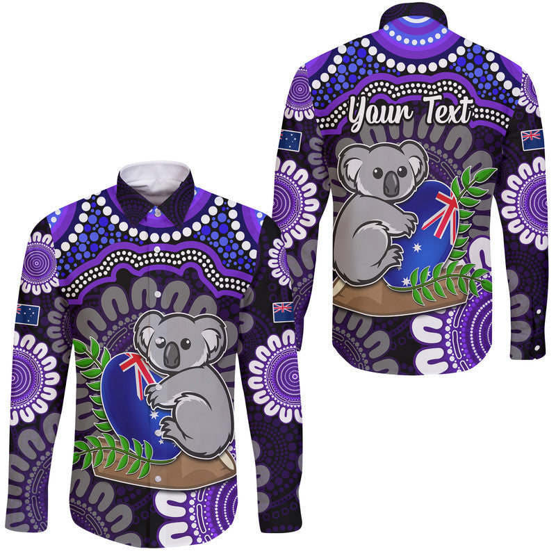 custom-personalised-australia-koala-aboriginal-hawaii-long-sleeve-button-shirt-koala-hugging-rugby-ball-purple