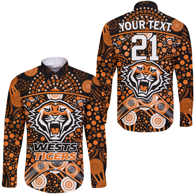 custom-personalised-wests-tigers-rugby-hawaii-long-sleeve-button-shirt-boomerang-indigenous-dots