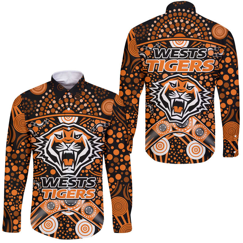 wests-tigers-rugby-hawaii-long-sleeve-button-shirt-boomerang-indigenous-dots