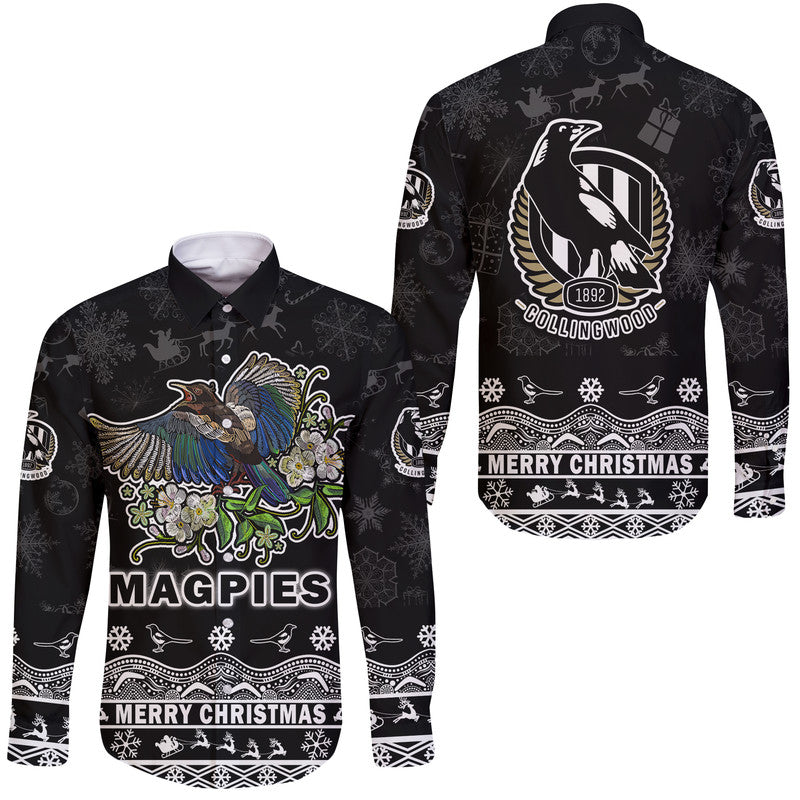 collingwood-pies-unique-winter-season-hawaii-long-sleeve-button-shirt-magpies-merry-christmas