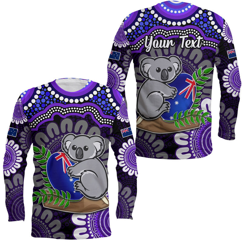 custom-personalised-australia-koala-aboriginal-long-sleeve-shirt-koala-hugging-rugby-ball-purple