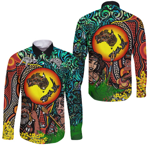 Australia Aboriginal Kangaroo Combine New Zealand Maori Kiwi Bird Long Sleeve Button Shirt - LT2