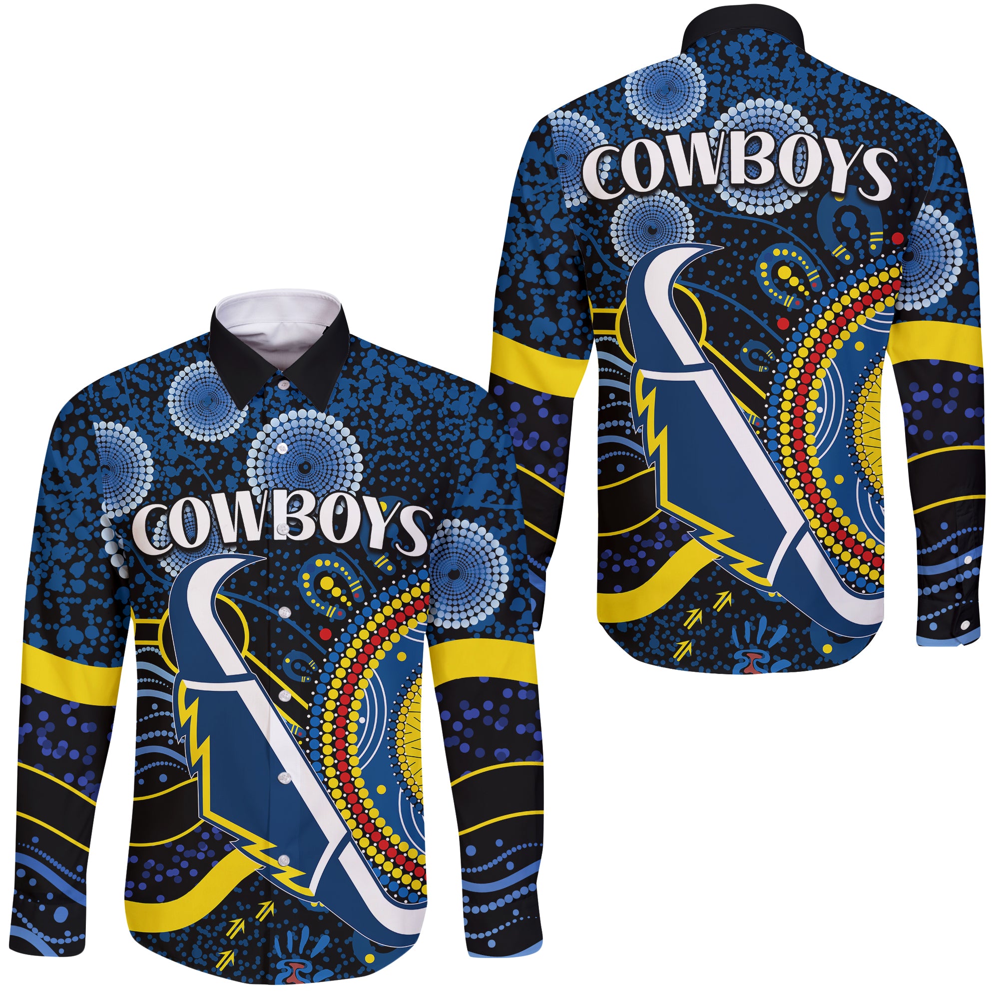 Cowboys Rugby Hawaii Long Sleeve Button Shirt Aboriginal Dots No2 LT9