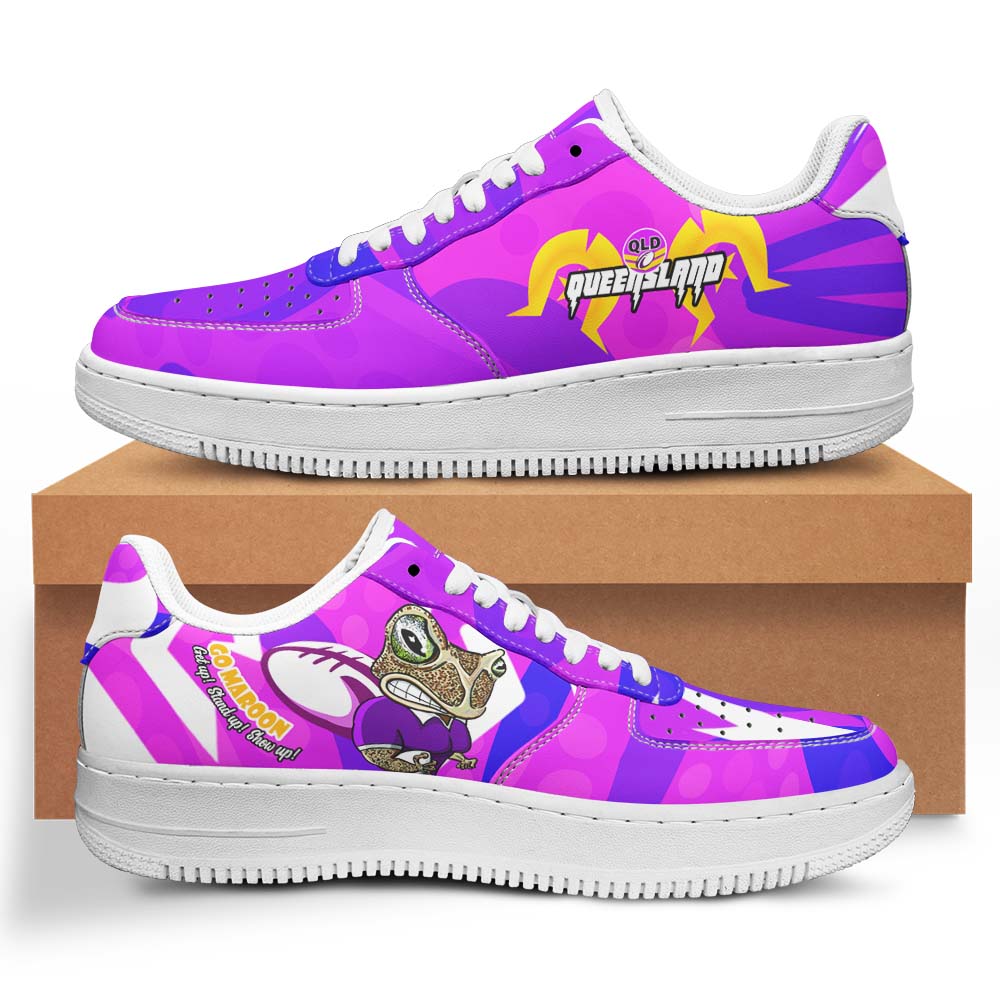 queensland-rugby-league-low-top-sneakers-f1-queensland-maroons-mascot-with-aboriginal-art-state-of-origin-sneakers