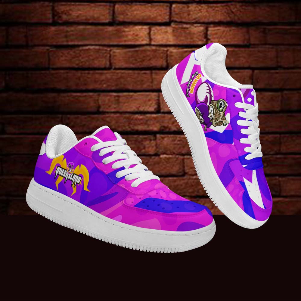 queensland-rugby-league-low-top-sneakers-f1-queensland-maroons-mascot-with-aboriginal-art-state-of-origin-sneakers