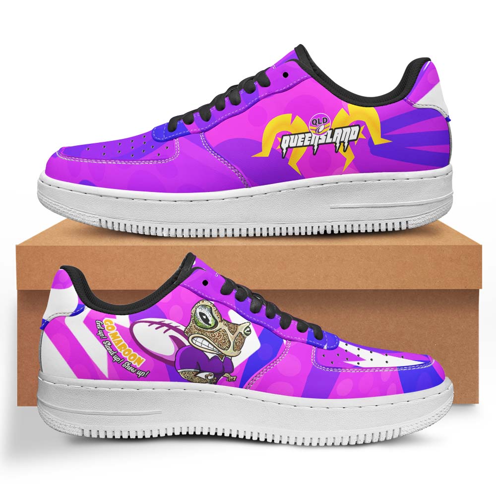 queensland-rugby-league-low-top-sneakers-f1-queensland-maroons-mascot-with-aboriginal-art-state-of-origin-sneakers